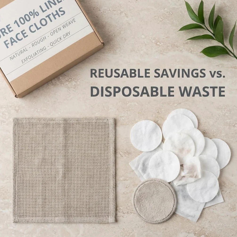 Paños removedores de maquillaje reutilizables – Paños 100% lino puro – Paquete de 6 toallitas faciales lavables de tejido abierto de 8 x 8 pulgadas