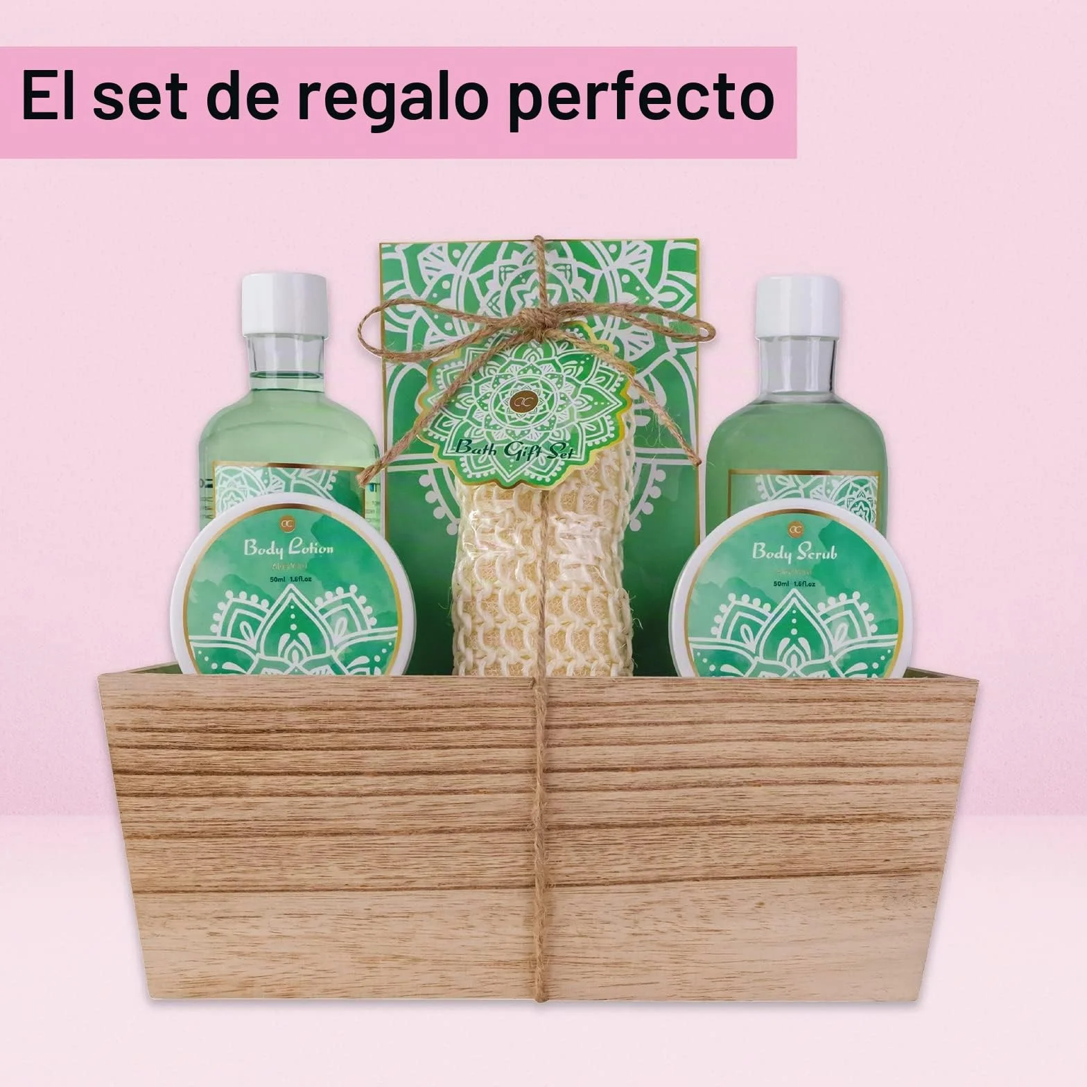 Set de ducha ALOE VERA para mujer en cesta de madera 6 piezas con gel, baño de burbujas, sal de baño y loción corporal
