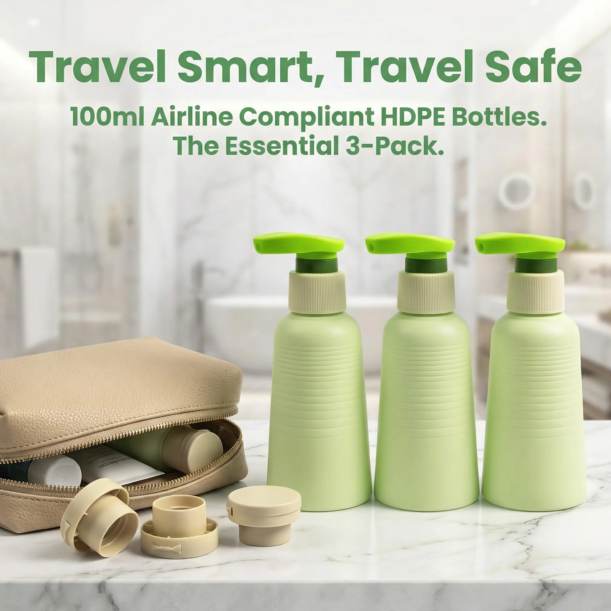 Botes Viaje Rellenables 100 ml 3 Piezas, Botellas Champú Prueba de Fugas con Tapón Flip y Dosificador, sin BPA