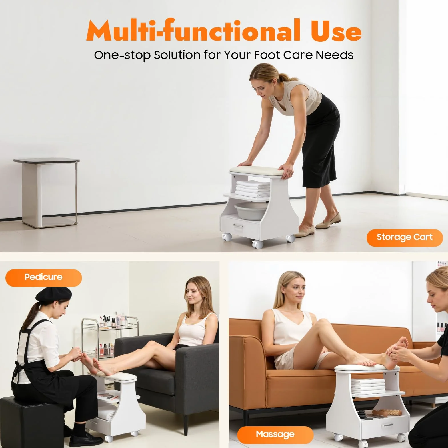 Silla de pedicura para técnico de uñas, 3 niveles, 50 kg, con 4 frenos sobre ruedas universales