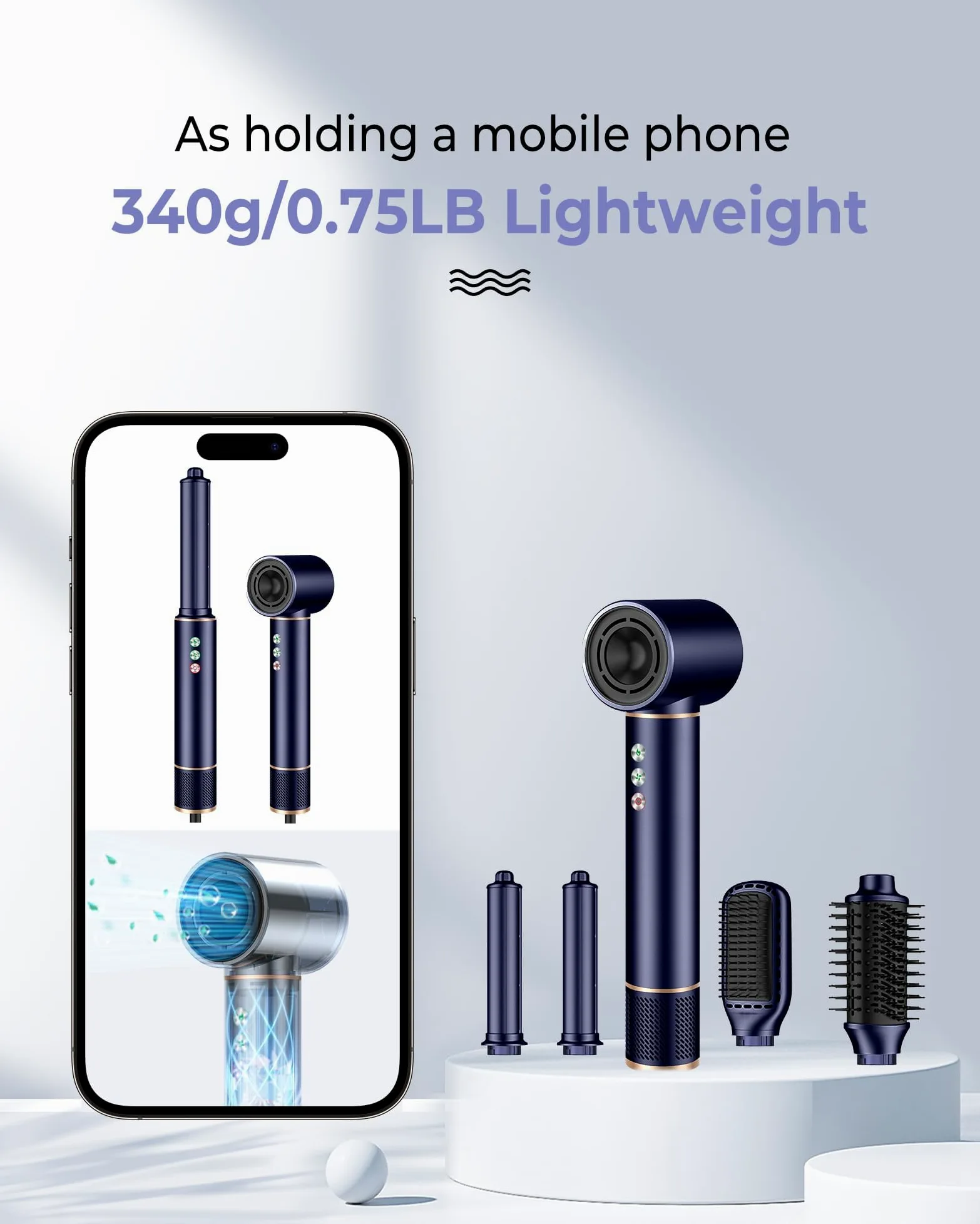 Hair styler 5 en 1 con juego de 320 millones de lonic air styler, flujo de aire de 20 m/s, secador de pelo de 110 000 rpm, con cepillo para el pelo, rizador de pelo, cepillo alisador, 340 g, ligero y