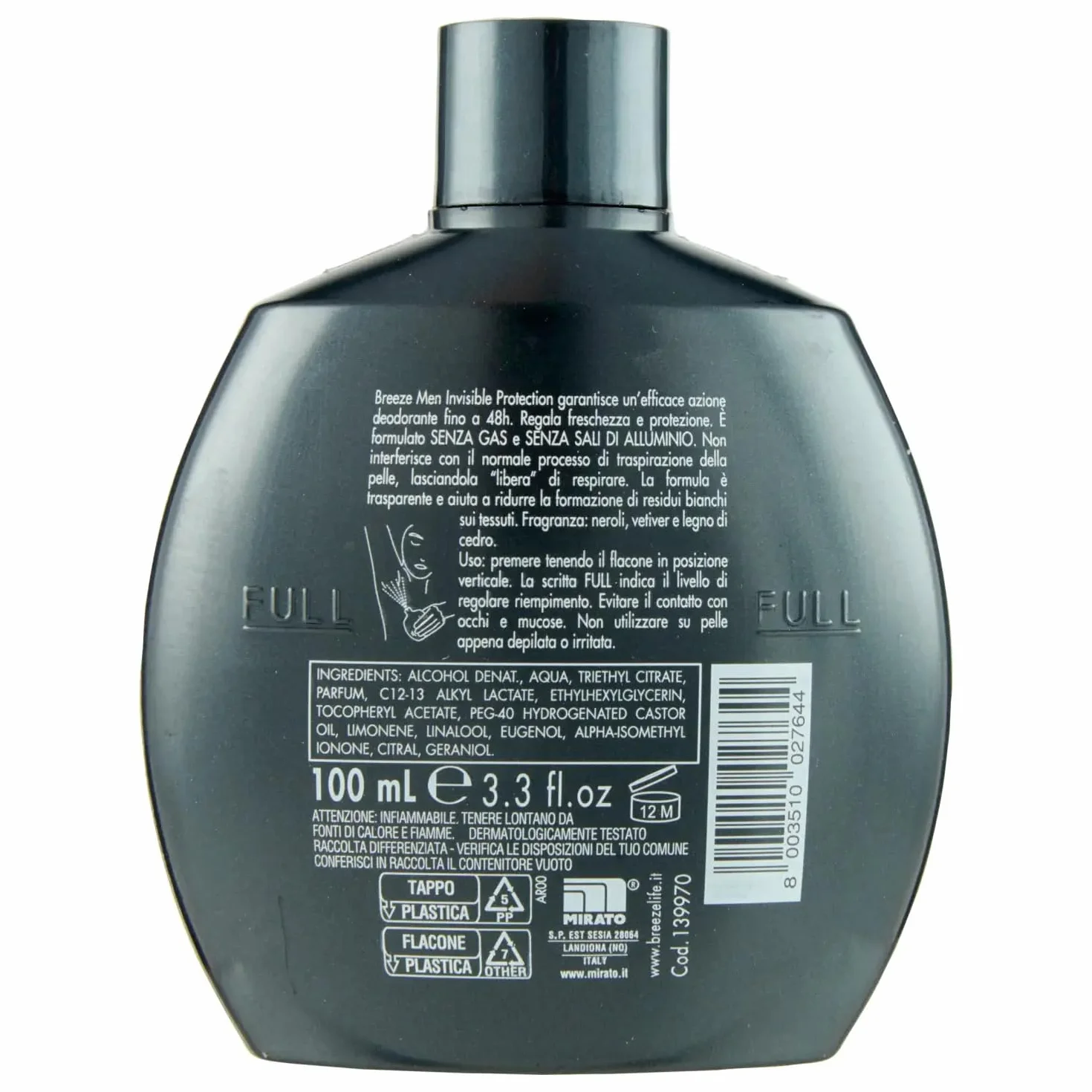 Breeze Men Invisible Protection Desodorante Squeeze, desodorante sin gas y sin sales de aluminio, desodorante perfumado 48 horas para hombres, 100 ml + llavero Beni Culinari gratuito