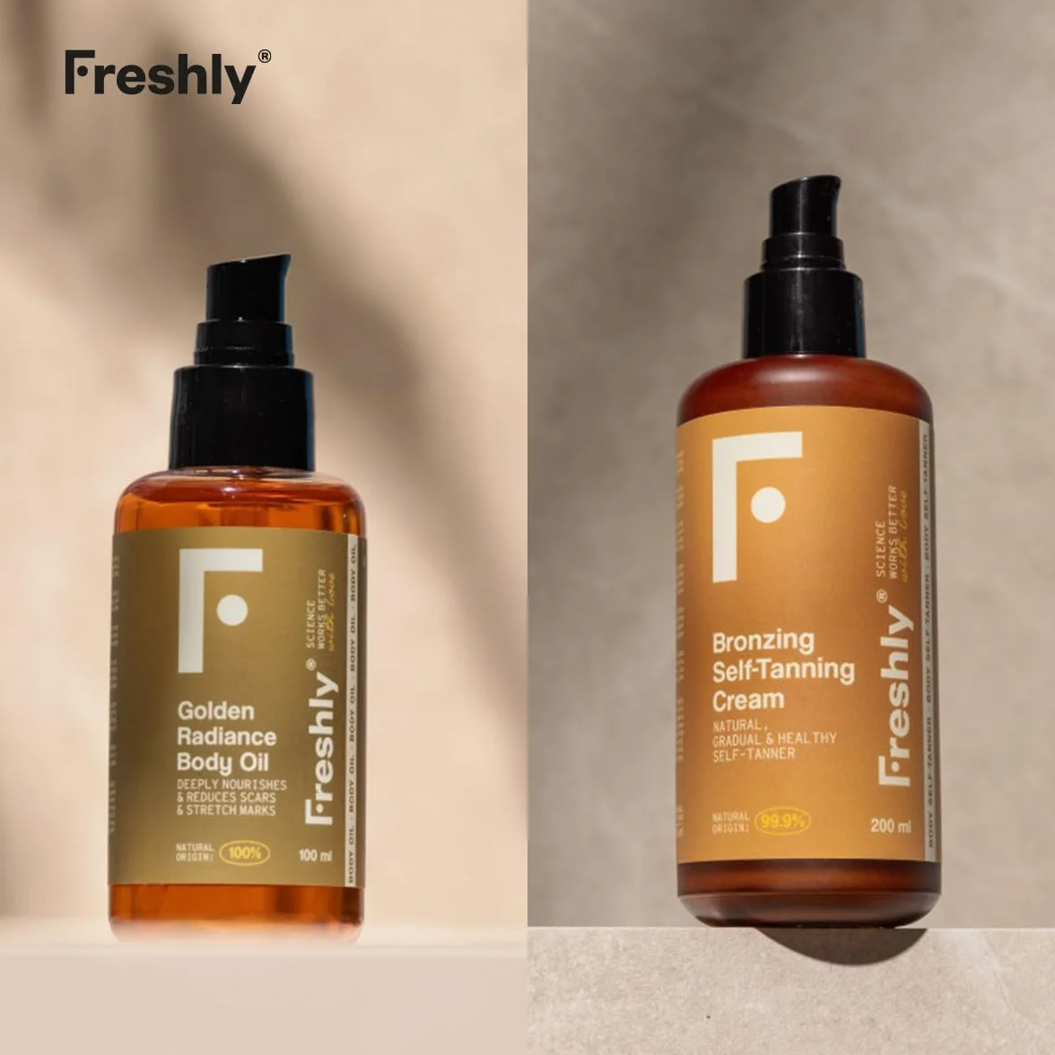 Freshly Cosmetics | Golden Bronze Body Pack | Autobronceador Corporal y Aceite Nutritivo | Pack Aceite + Crema 100ml + 200ml | Bronceado Natural Progresivo para Piel Luminosa