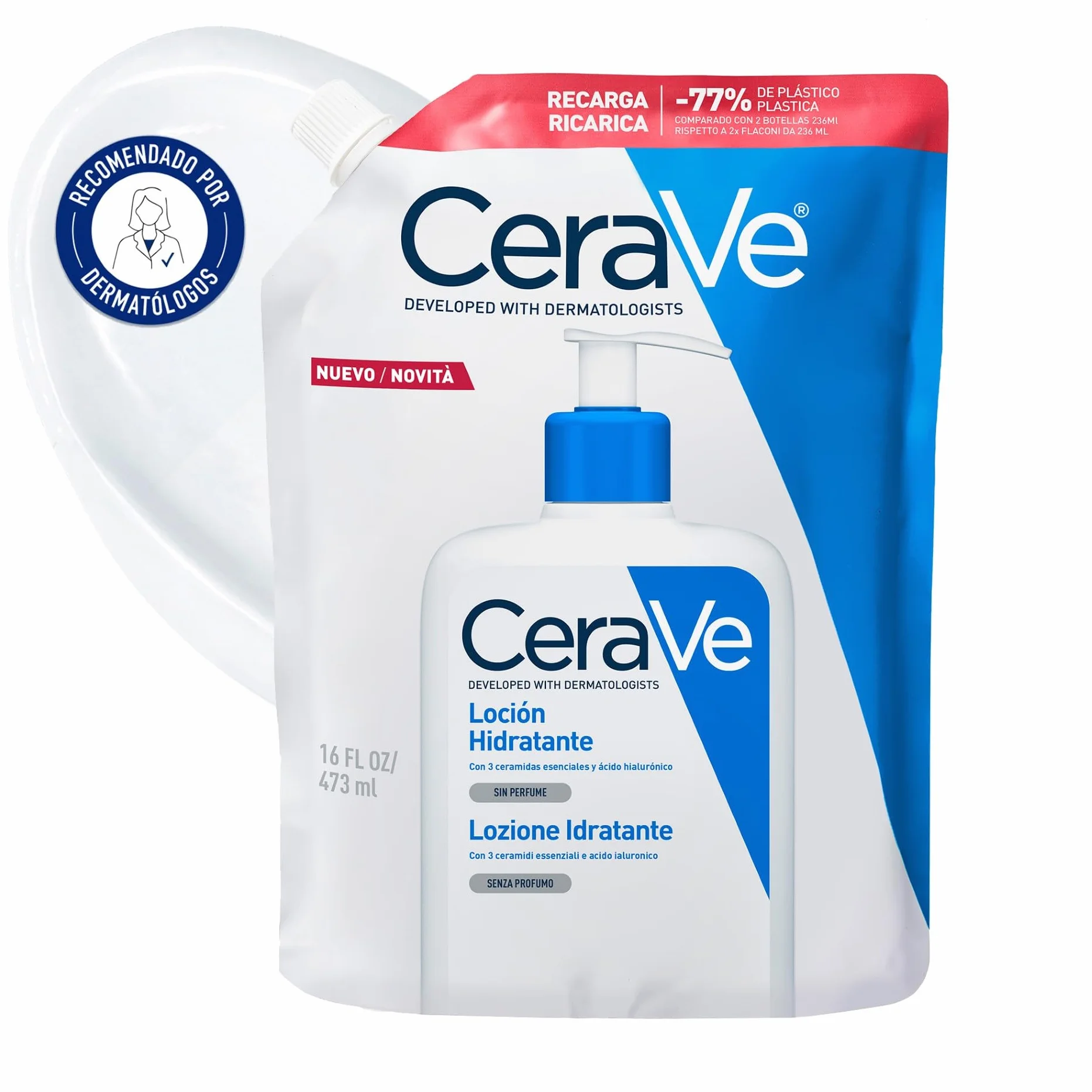 CeraVe Loción Hidratante Recambio, Piel Seca a Muy Seca, Con Ceramidas y Ácido Hialurónico