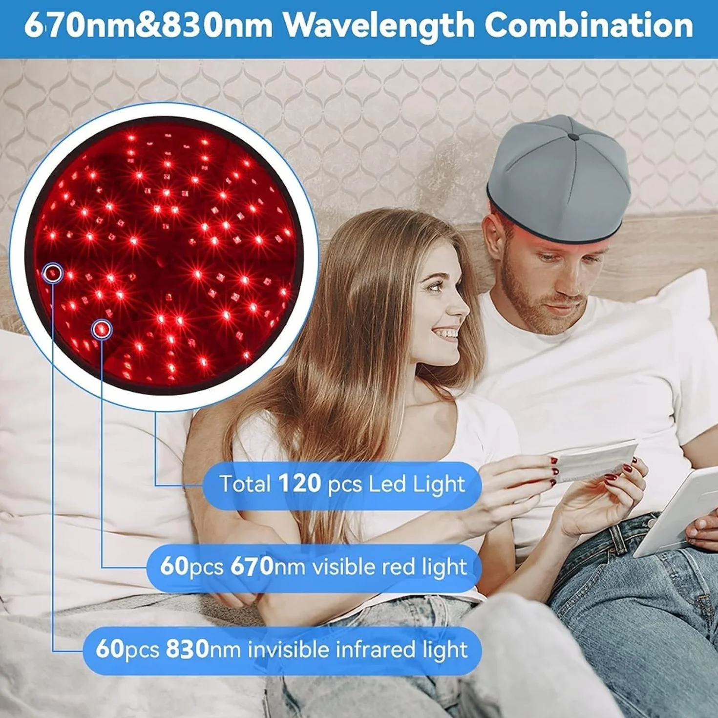 Gorro De Terapia Con Luz Roja LED, Gorro De Terapia Con Luz Infrarroja Para Prevención De La Caída Del Cabello, Modo De Terapia De Luz De 3 Engranajes, Diámetro De La Tapa 21,5 Cm/8,46 Pulgadas