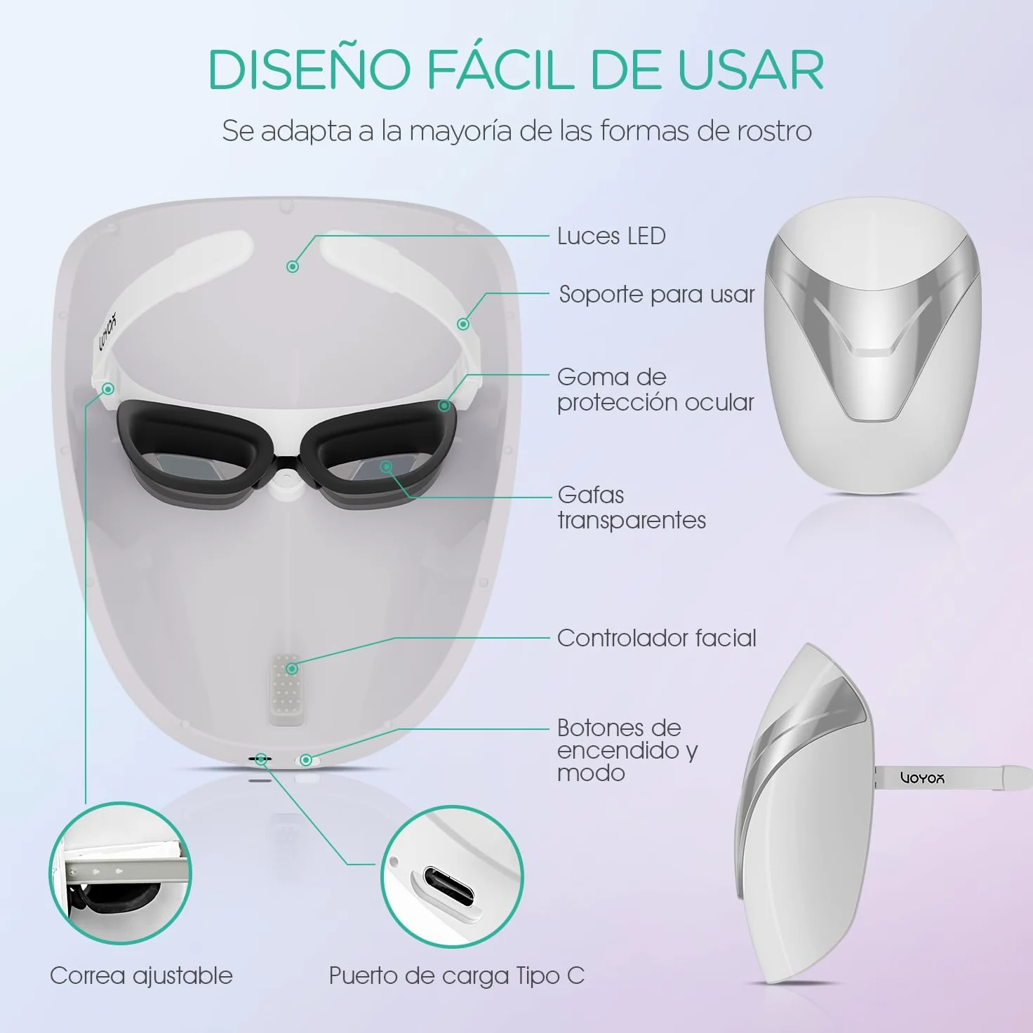 VOYOR Mascarilla LED, Máscara Facial de Terapia con Luz Roja/Azul/Violeta | Tratamiento con Temporizador, Soporte Cómodo, Inalámbrica, Fácil de Usar, Antienvejecimiento & Mejor Aspecto de Piel, BM100