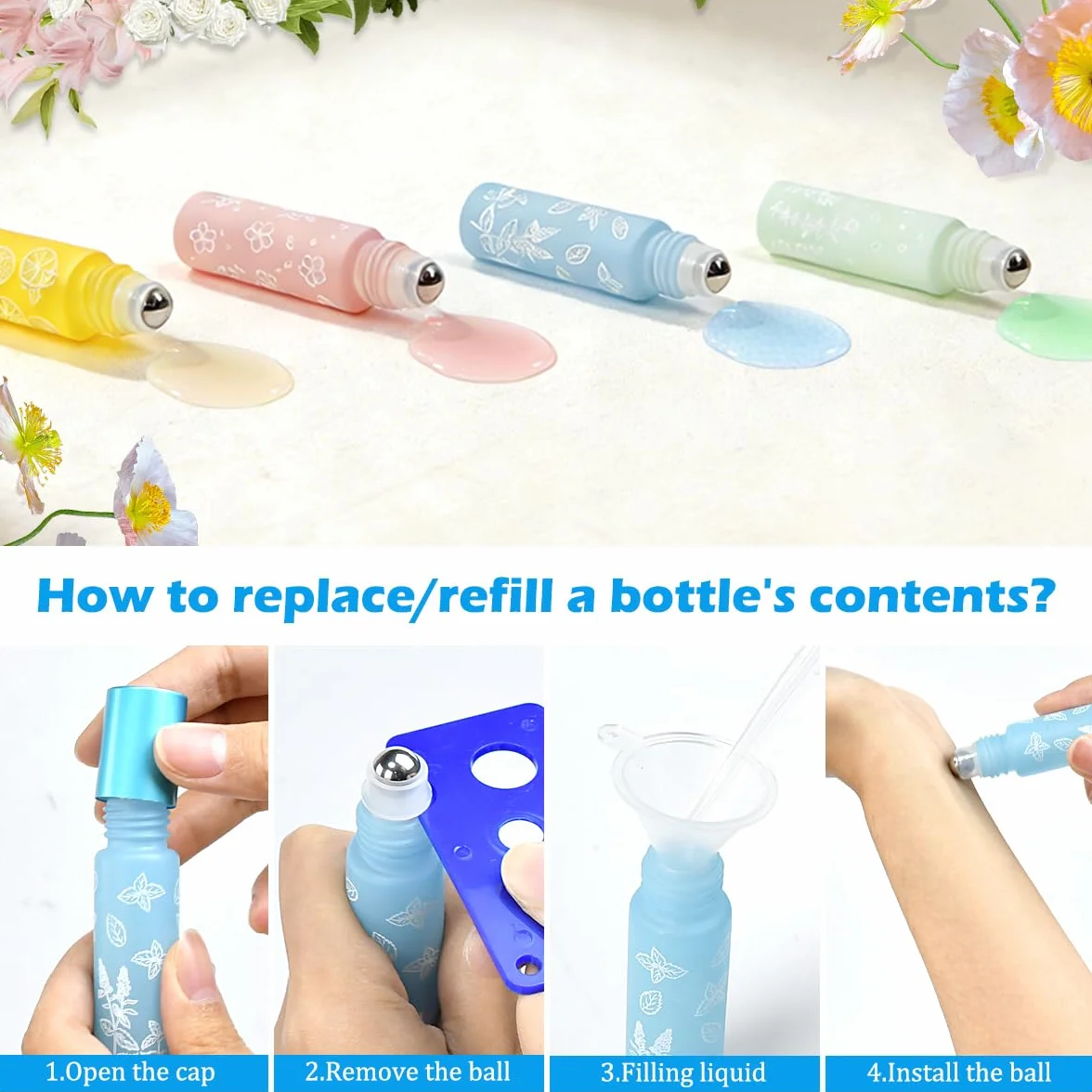 Botellas Roll on Aceites Esenciales 10ml 8 Colores Frascos Cristal con Bola de Acero Inoxidable Rellenable para Perfume