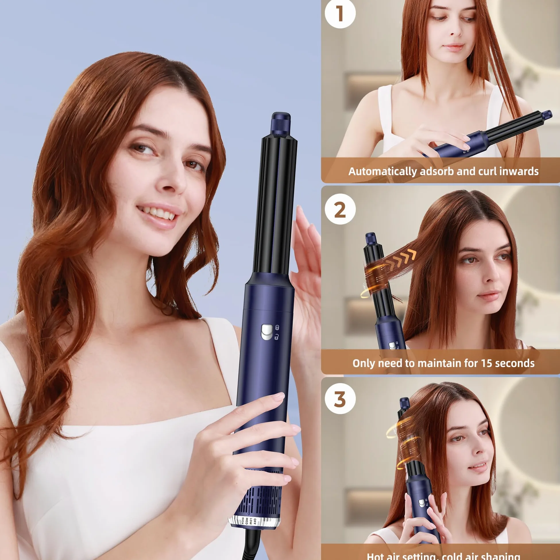 UKLISS Cepillo Secador de Pelo 6 en 1 - Cepillo de Aire Caliente Peinador con Rizador, Thermal Brush, Secado Rápido, Moldeador Pelo Voluminizador- Rizos, Volumen, Alisado y Secado (Azul)