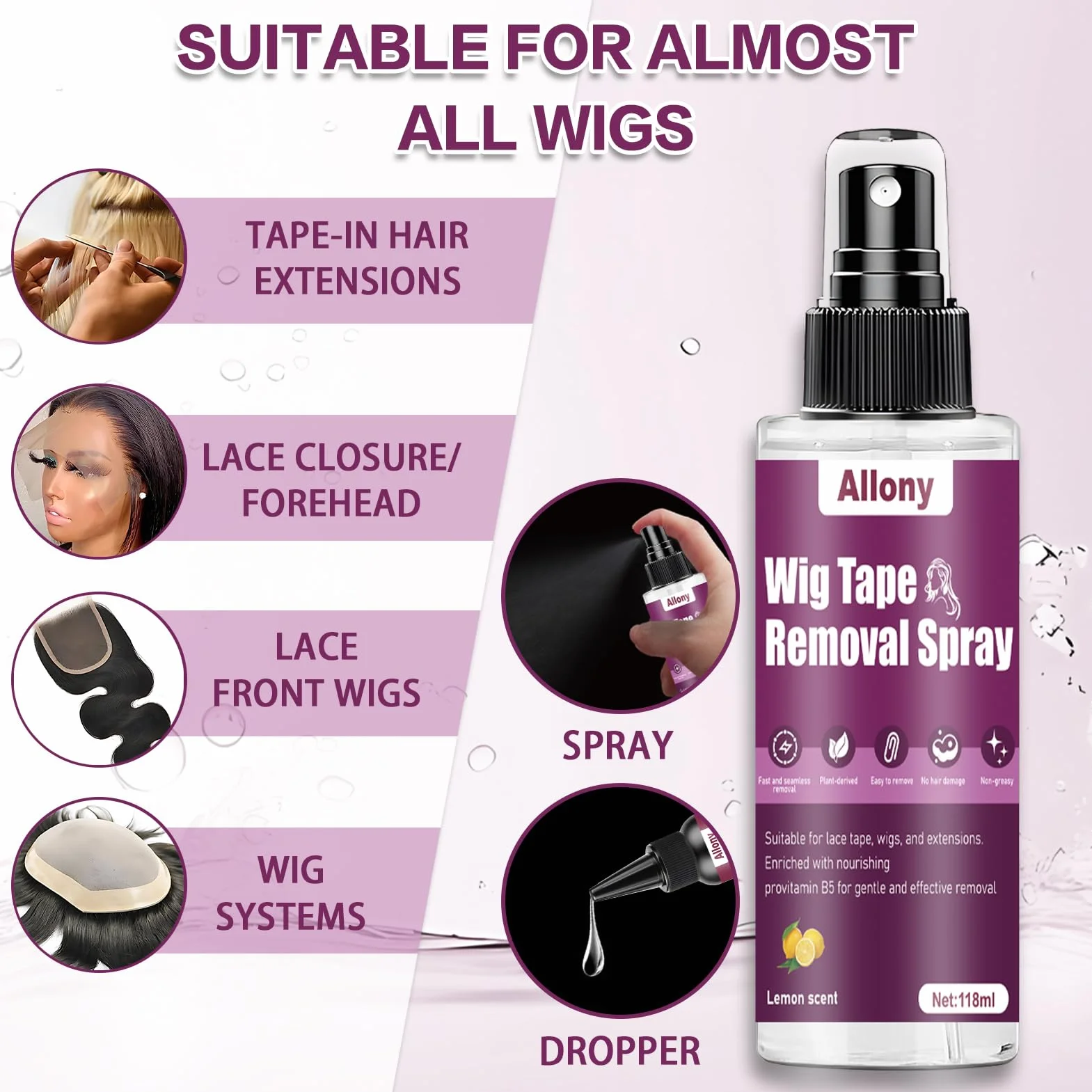 ALLONY Removedor de Extensiones Adhesivas 118ml, Spray Alisante para Pelucas 100ml