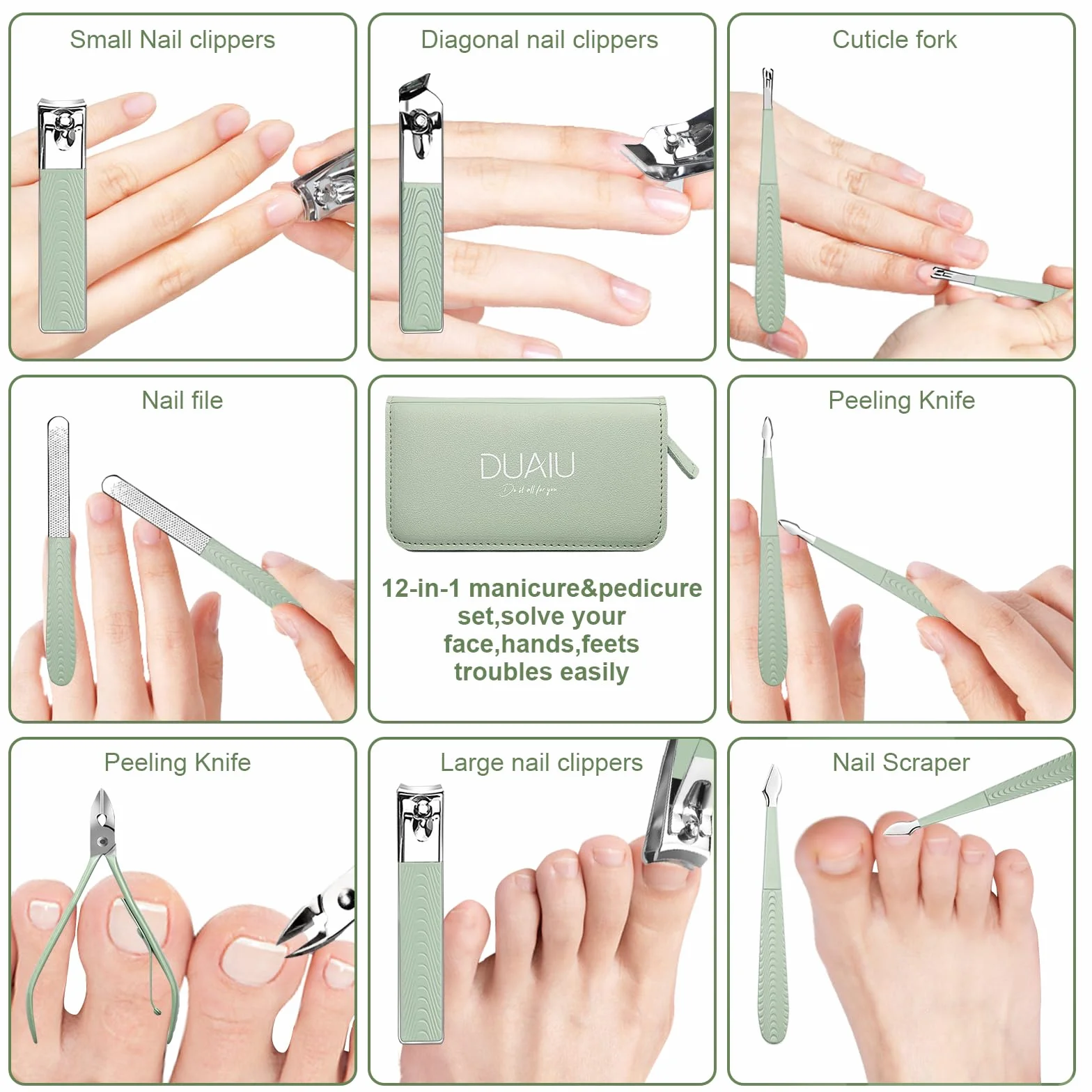 Kit de Manicura y Pedicura Profesional 12 Piezas, Acero Inoxidable con Estuche de Viaje