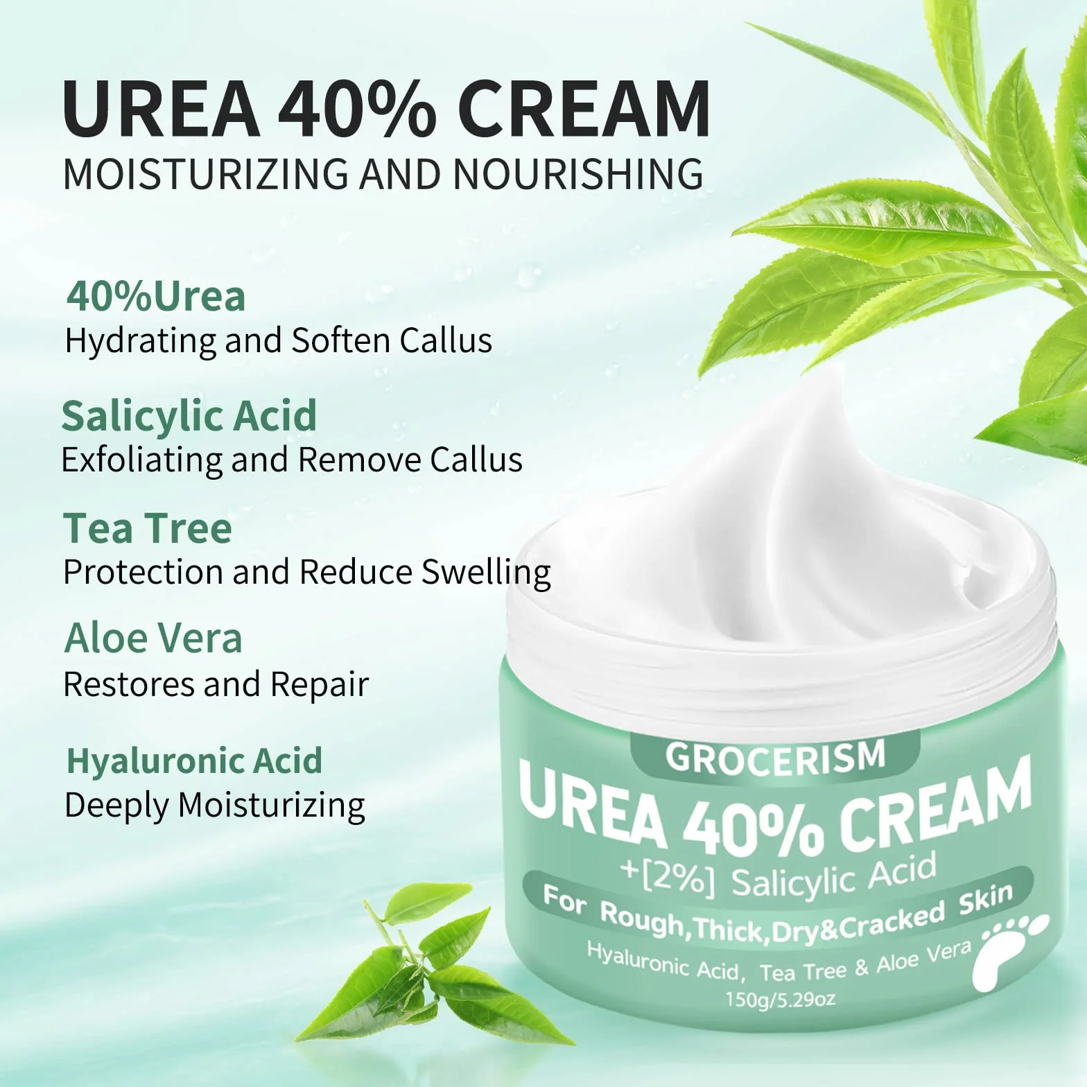Crema Urea 40% Ácido Salicílico 2% 150g para Pies y Manos con Ácido Hialurónico, Árbol de Té y Aloe Vera