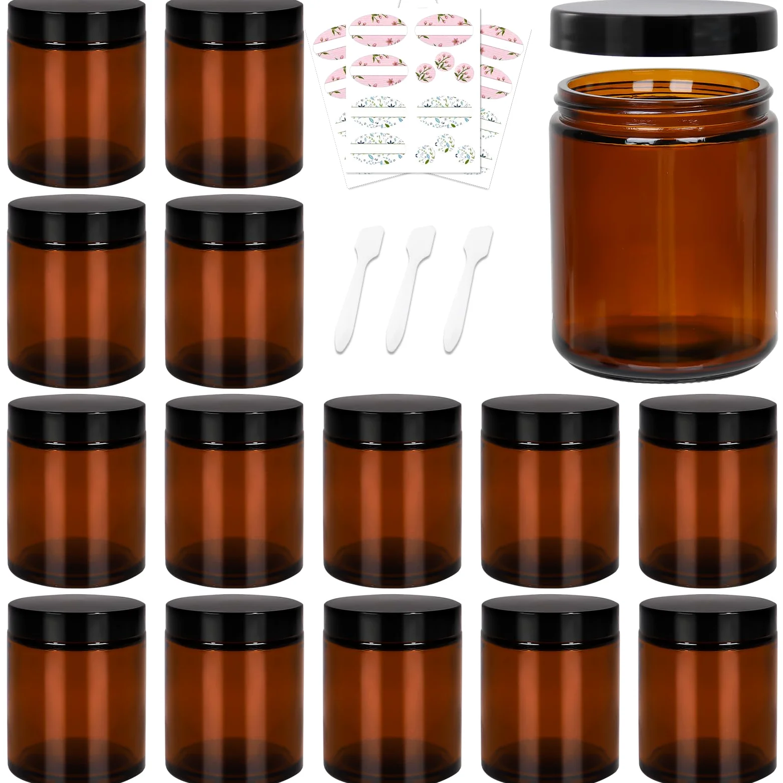 Tarros de vidrio ámbar de 8 onzas, paquete de 16 recipientes vacíos para cosméticos con forro interior y tapas negras, tarros redondos recargables para crema, pomadas, sales de baño, maquillaje, limo