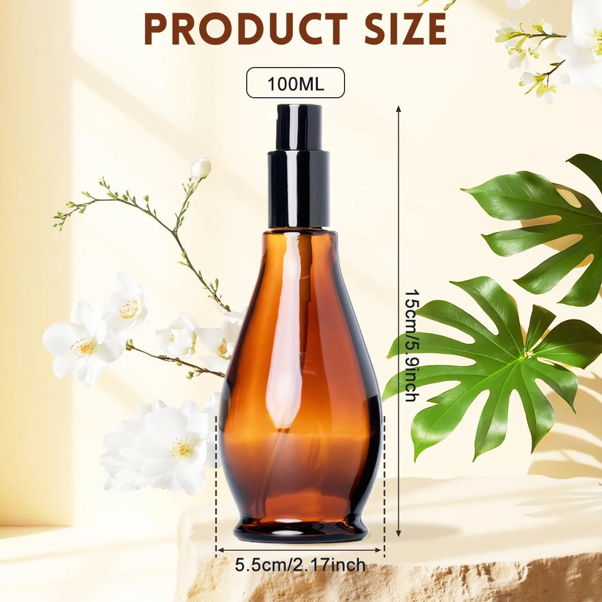 UPSTORE 2 botellas de cristal ámbar de 100 ml con dispensador de bomba de viaje con bomba negra para aceites esenciales, base, crema, champú, 2 unidades