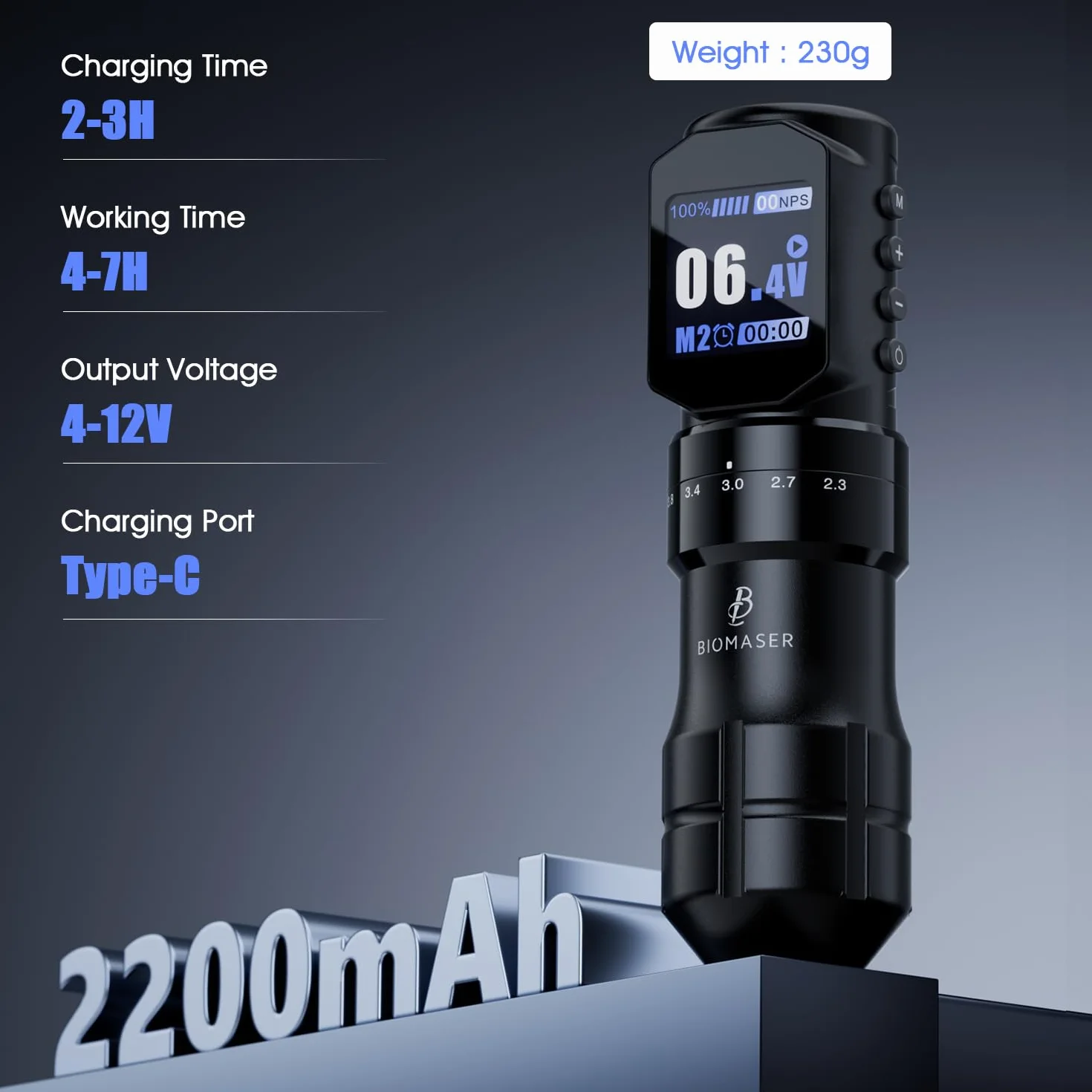 Biomaser Kit de Máquina Rotativa Inalámbrica Completo de Máquina con Batería de 2200mAh 20 Cartuchos de Agujas 7 Golpes Ajustables Máquina Digital Tipo Bolígrafo Máquina de Bolígrafo LED Inalámbrica