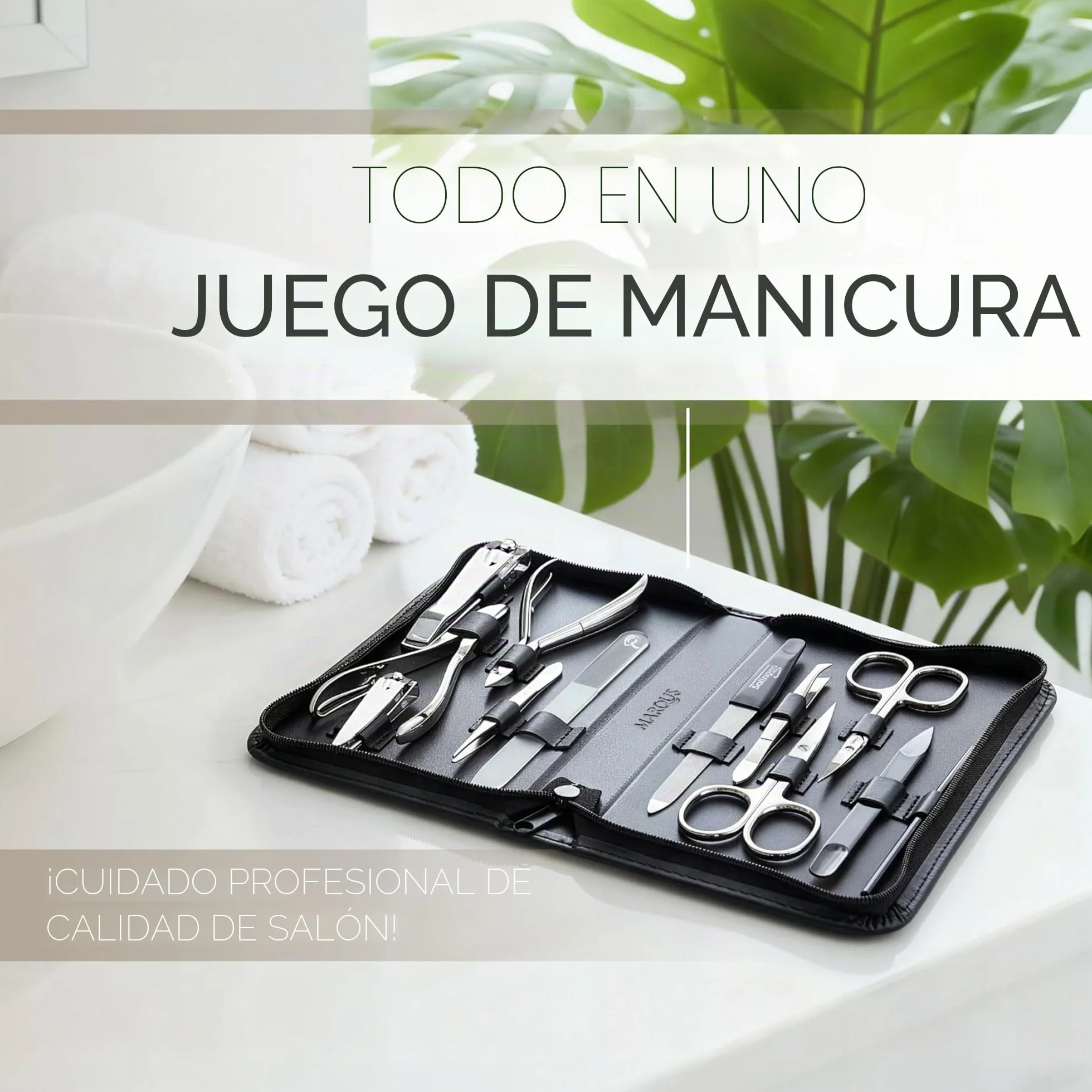 marQus Solingen Set de manicura y pedicura de 12 piezas en estuche de piel auténtica