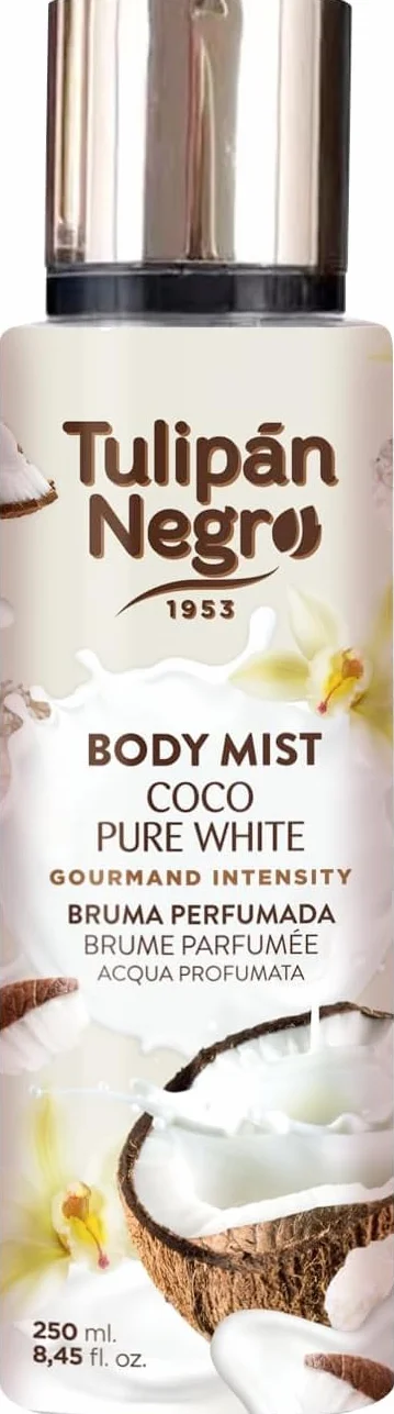 Tulipán Negro Body Mist Coco Pure White, Bruma Corporal Fragancia Tropical Coco, 250 ml