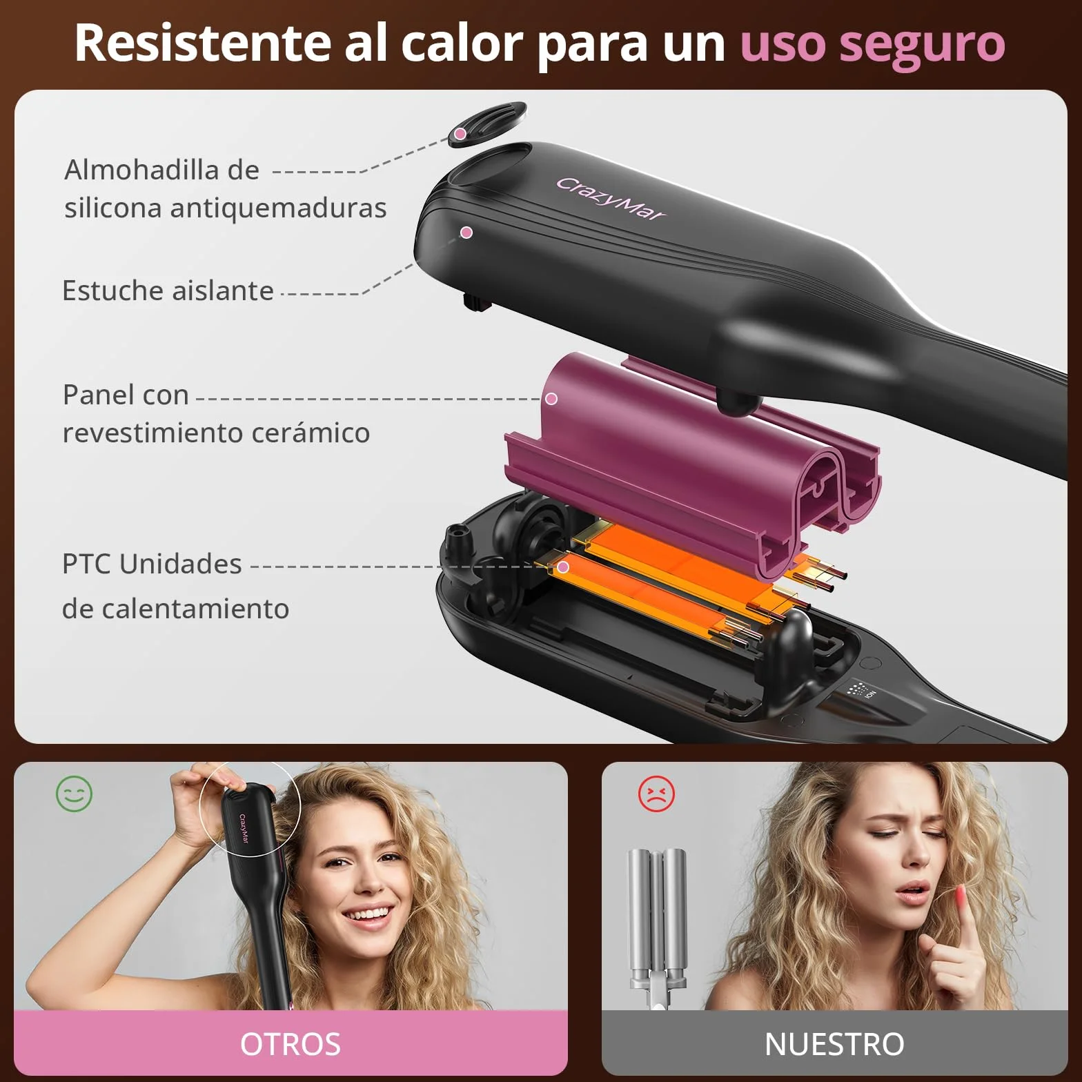 CrazyMar Rizador de Pelo Ondas, 25mm Plancha Ondas Surferas-Calentamiento Rápido 15s, Ondulador de Pelo Iónico con 9 Temperaturas + 4 Temporizadores, Fijación 24h y Antiquemaduras, Pantalla LED