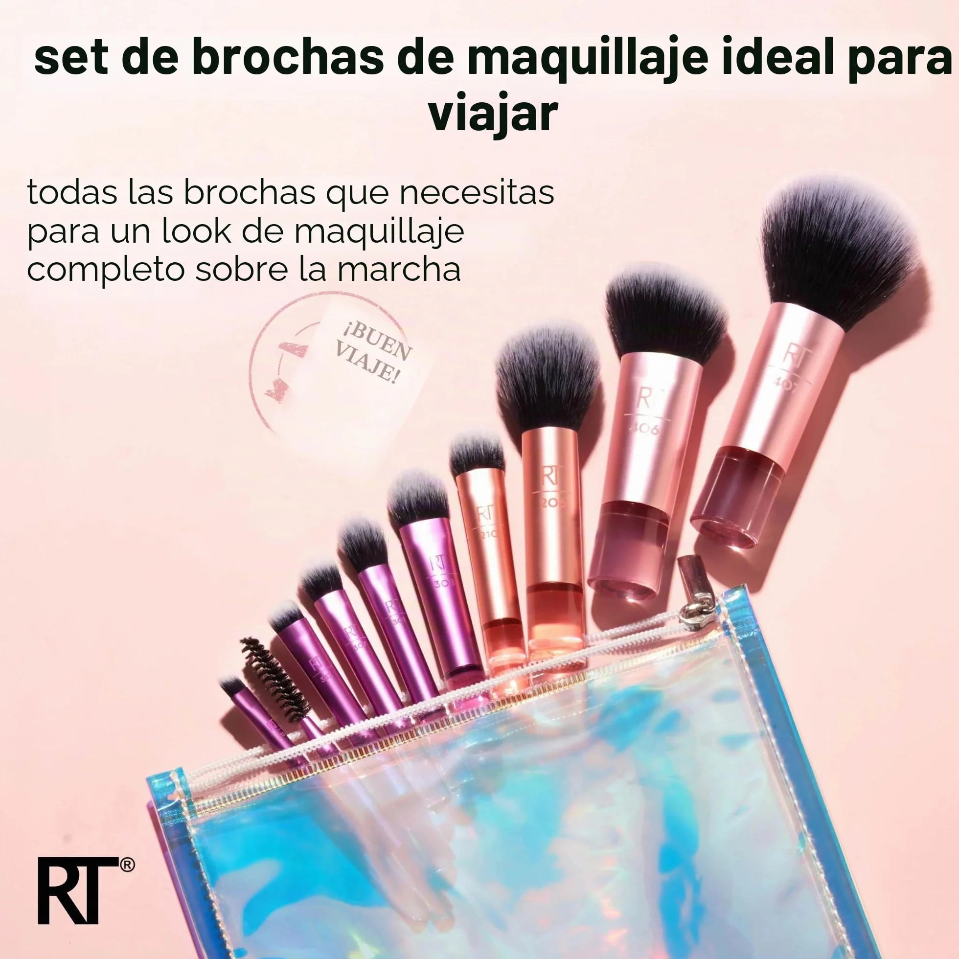 Real Techniques Kit de minibrochas Travel Fantasy, brochas maquillaje sombras ojos iluminadores, juego 11 piezas