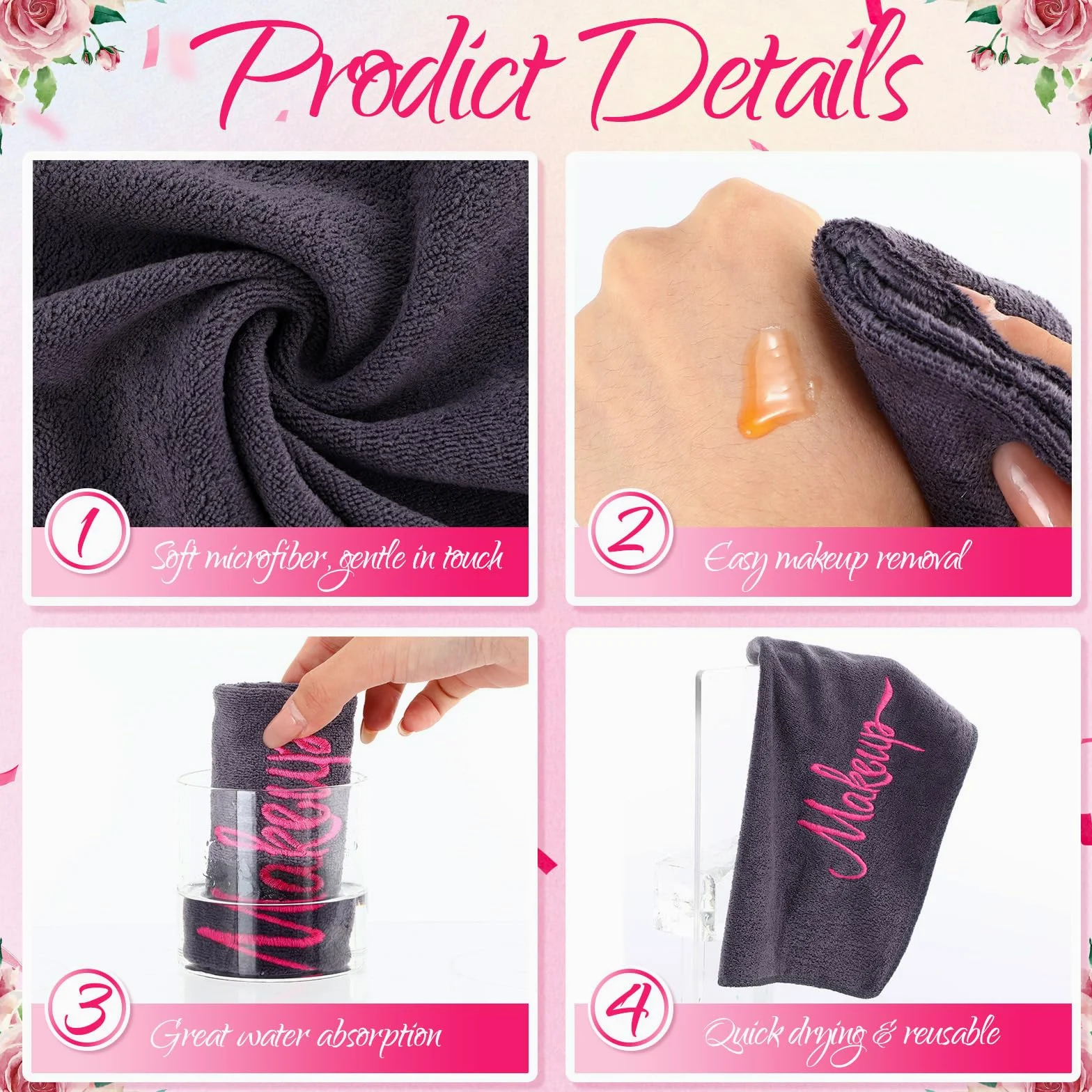 Preboun Paquete de 96 paños desmaquillantes, toallas de maquillaje de 13 x 13 pulgadas, toallas faciales de microfibra suave a granel, paños de maquillaje reutilizables con bordado de maquillaje para