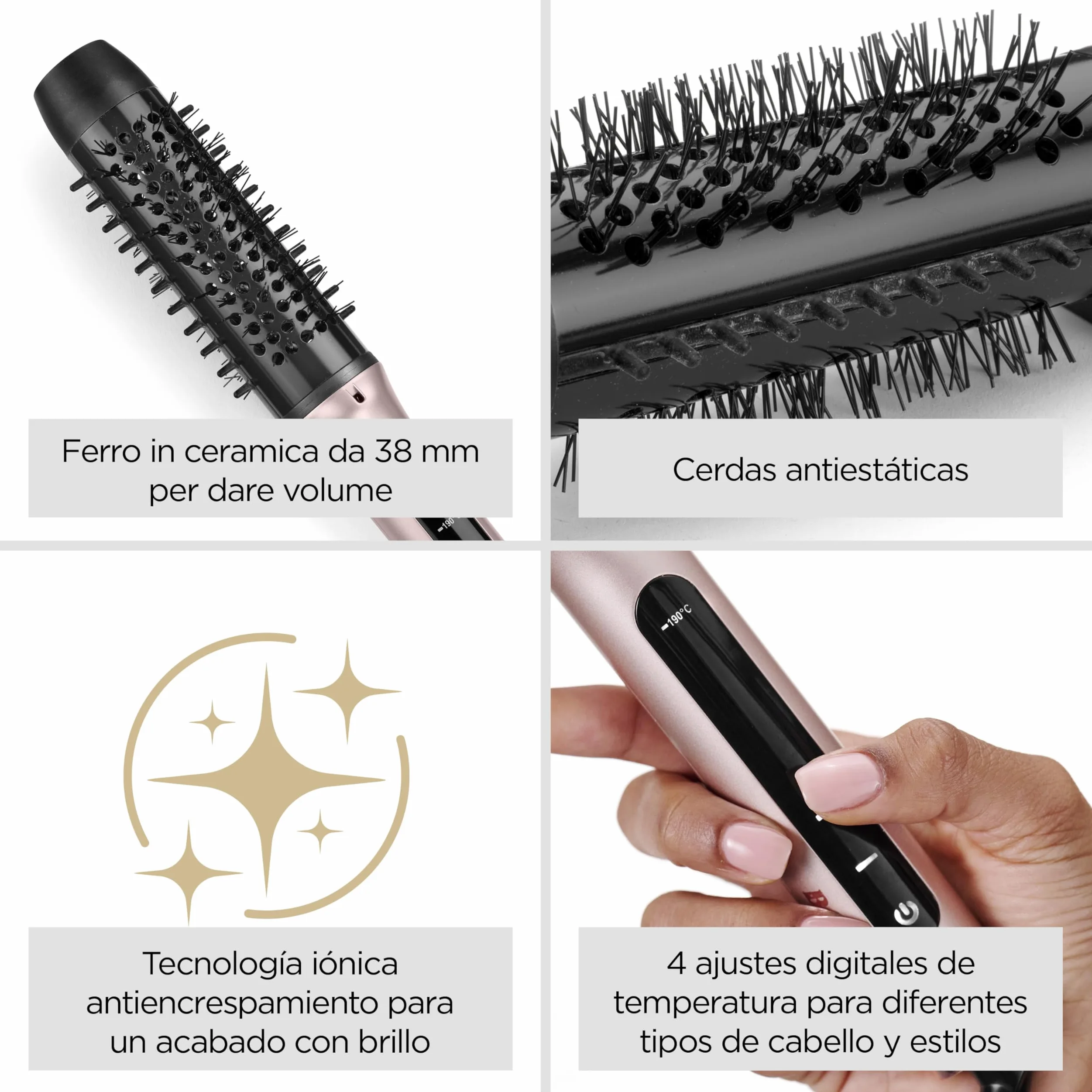 BaByliss Volume Boost Cepillo Térmico Caliente - Barril de 38mm, Cepillo Rizador Calentado, Control Iónico Antifrizz, 4 Niveles de Calor, Multivoltaje, Rosa/Negro, HSB200E
