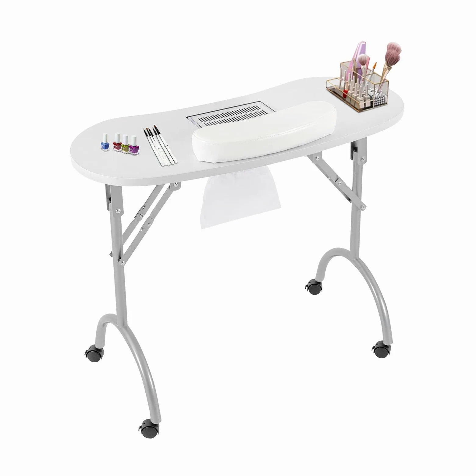 Mesa de manicura profesional con aspiradora, mesa plegable para el cuidado de uñas con filtro de polvo y ruedas, gran superficie de trabajo 90 x 40 cm, para estudio y hogar, color blanco moderno
