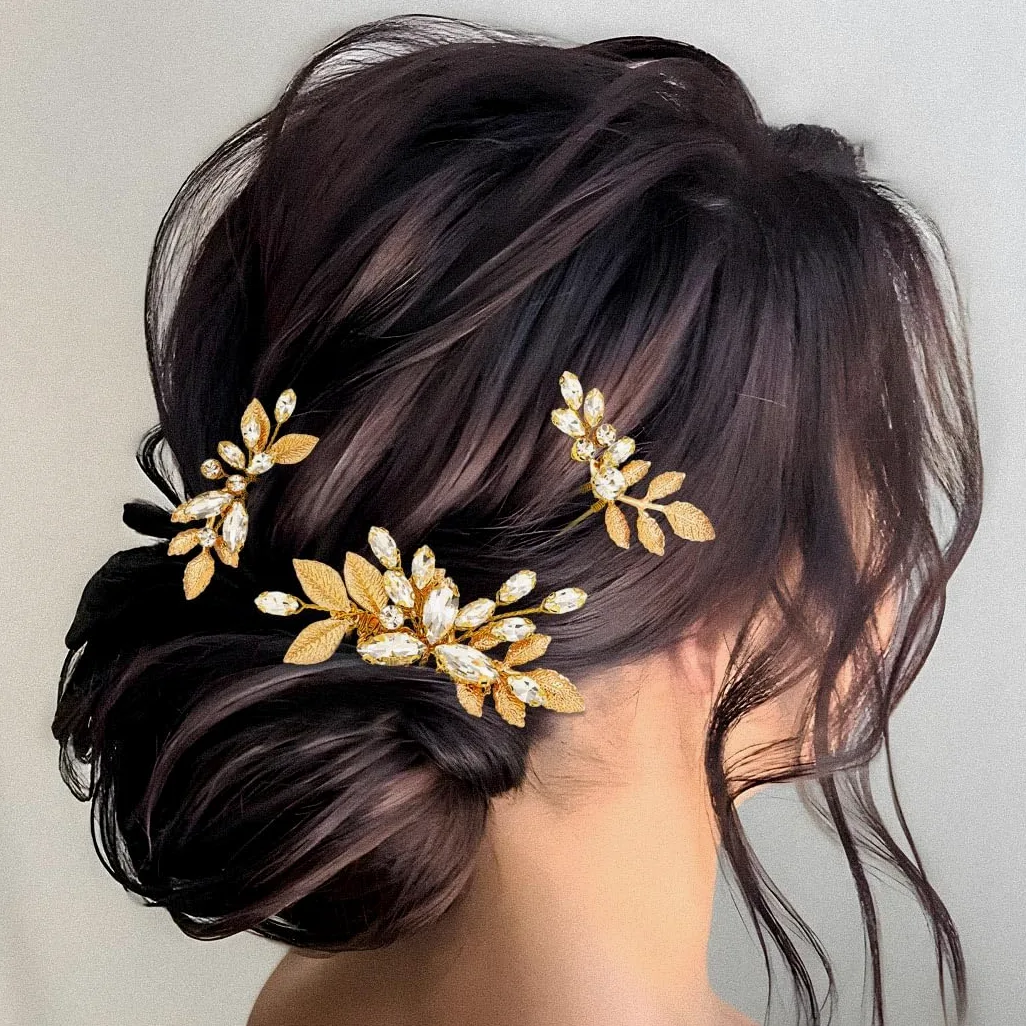 Horquillas para el pelo de novia con diamantes de imitación dorados, accesorios para el cabello de boda para mujeres y niñas (paquete de 3)