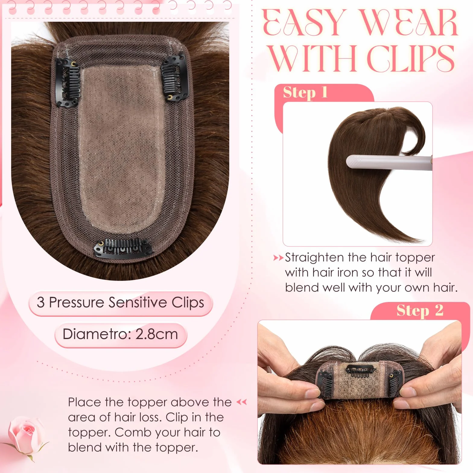 Elailite Flequillo Protesis Capilar Mujer Pelo Natural Clip Postizos Hair Topper Toupee Capilares Encaje Base 7cm*13cm Cabello Humano 45cm 53g #04 Castaño Medio