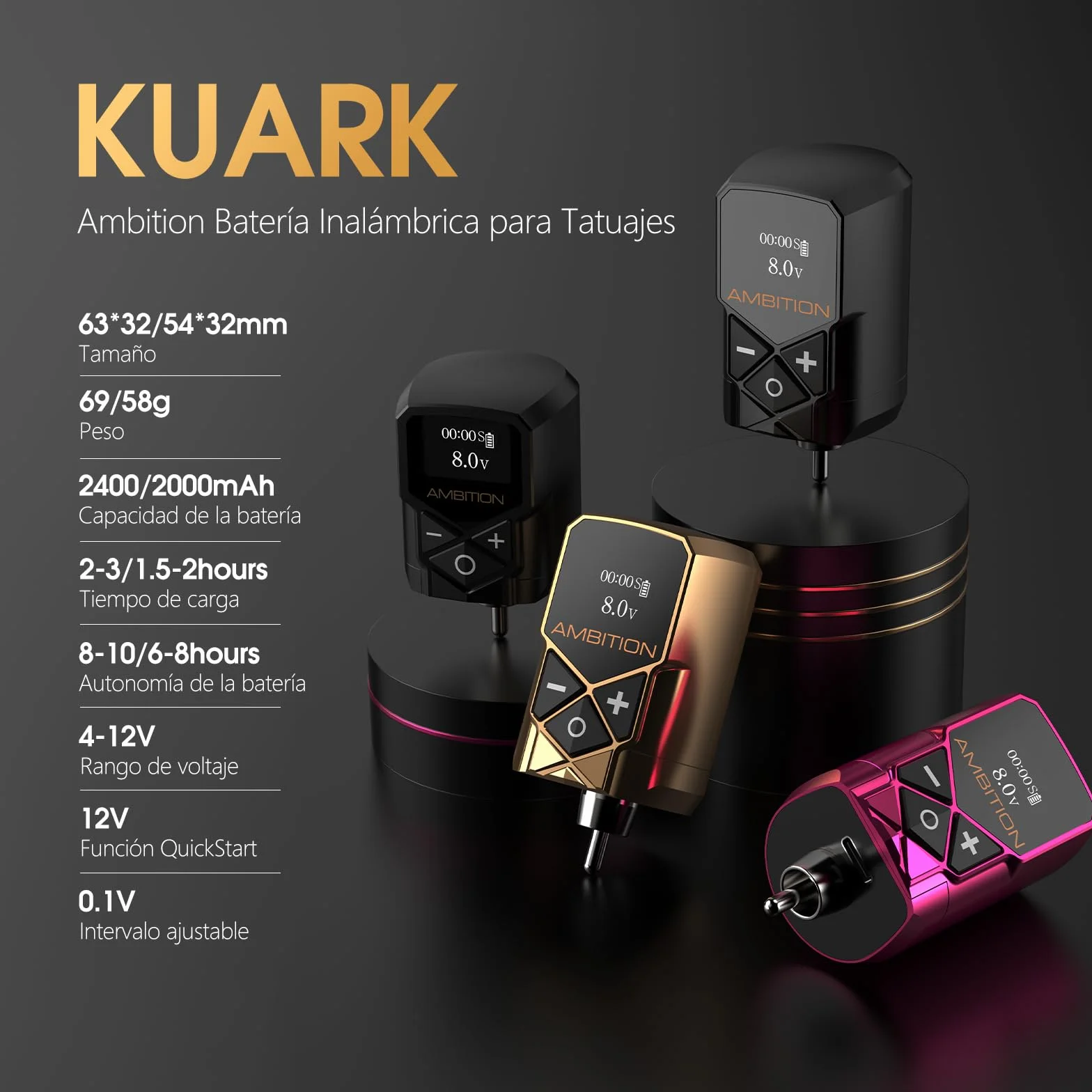 Ambition Kuark Mini Maquina de Tatuar Rotativa Fuente Inalámbrica con Batería 1800mAh, Pantalla LED y RCA Profesionales