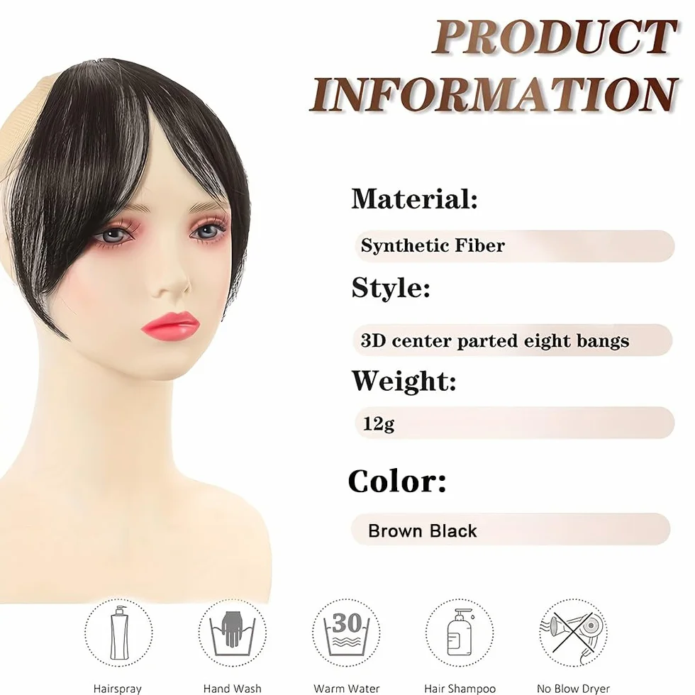 Flequillo Postizo Pelo Natural 3D Plano con Patillas Extensión Cabello Mujeres (Marrón-negro)