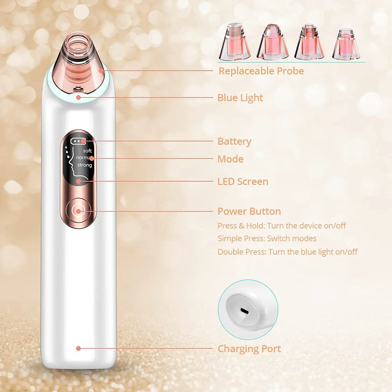 Aspirador de poros para eliminar puntos negros, herramienta extractora de puntos blancos, limpiador eléctrico de poros facial, limpiador de poros facial, herramienta de succión de puntos negros,