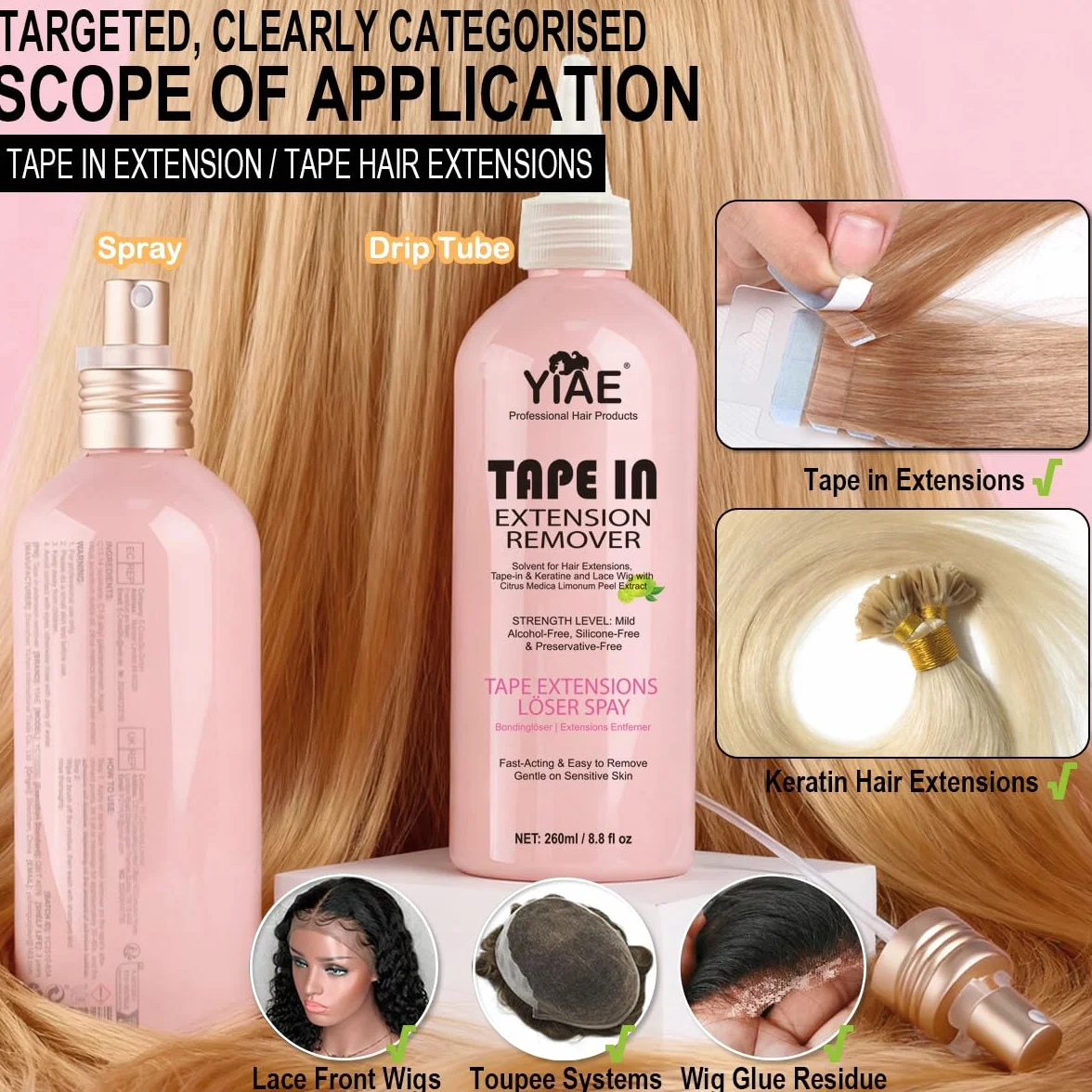 Disolvente suave sin alcohol para cinta, queratina y encaje Wigs 260 ml