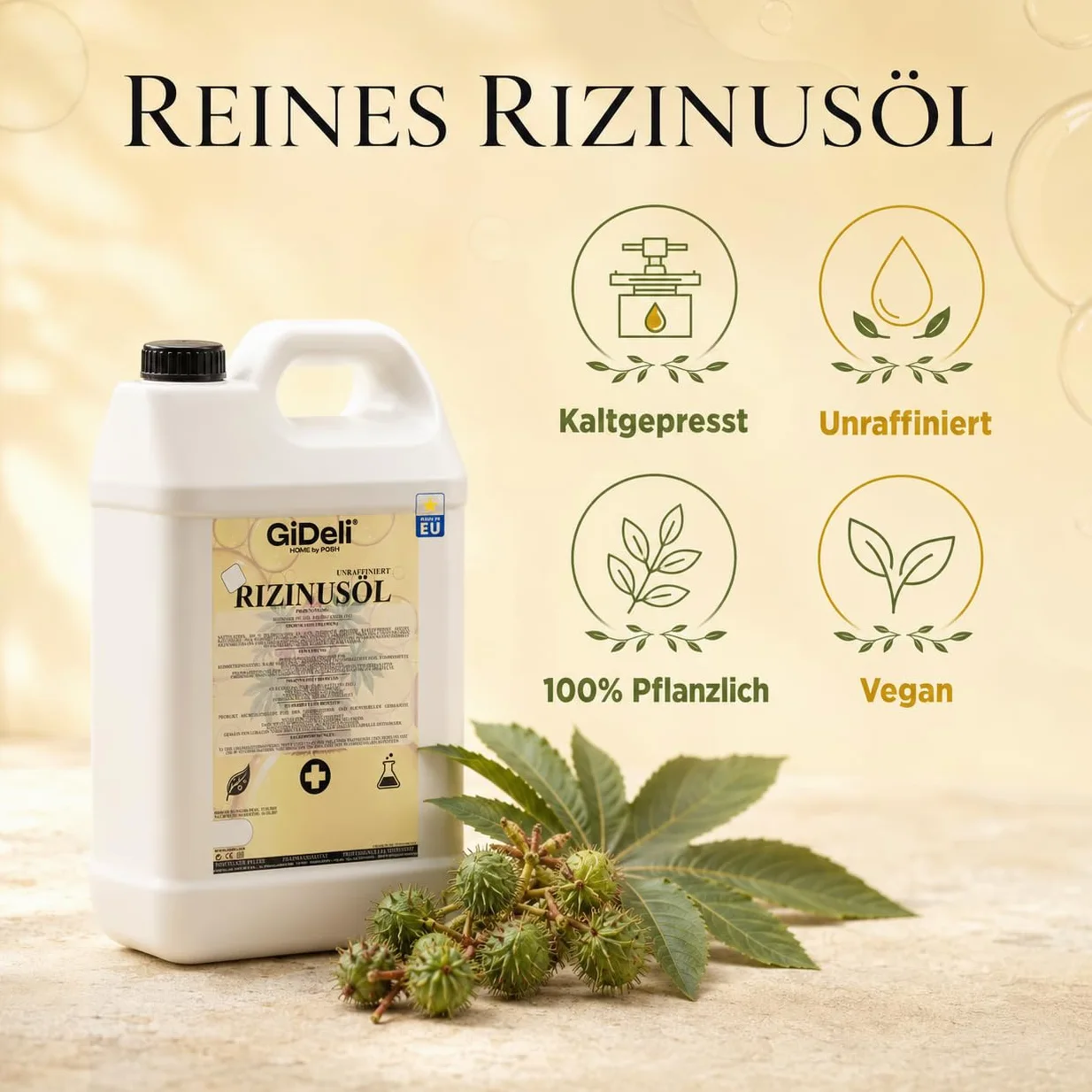 GiDeli Aceite de ricino prensado en frío, 4 x 5 l, puro aceite de ricino en Ph. Eur. Calidad para cabello, pestañas y piel – Aceite de cuidado sin refinar como base para cosméticos naturales DIY – Sin
