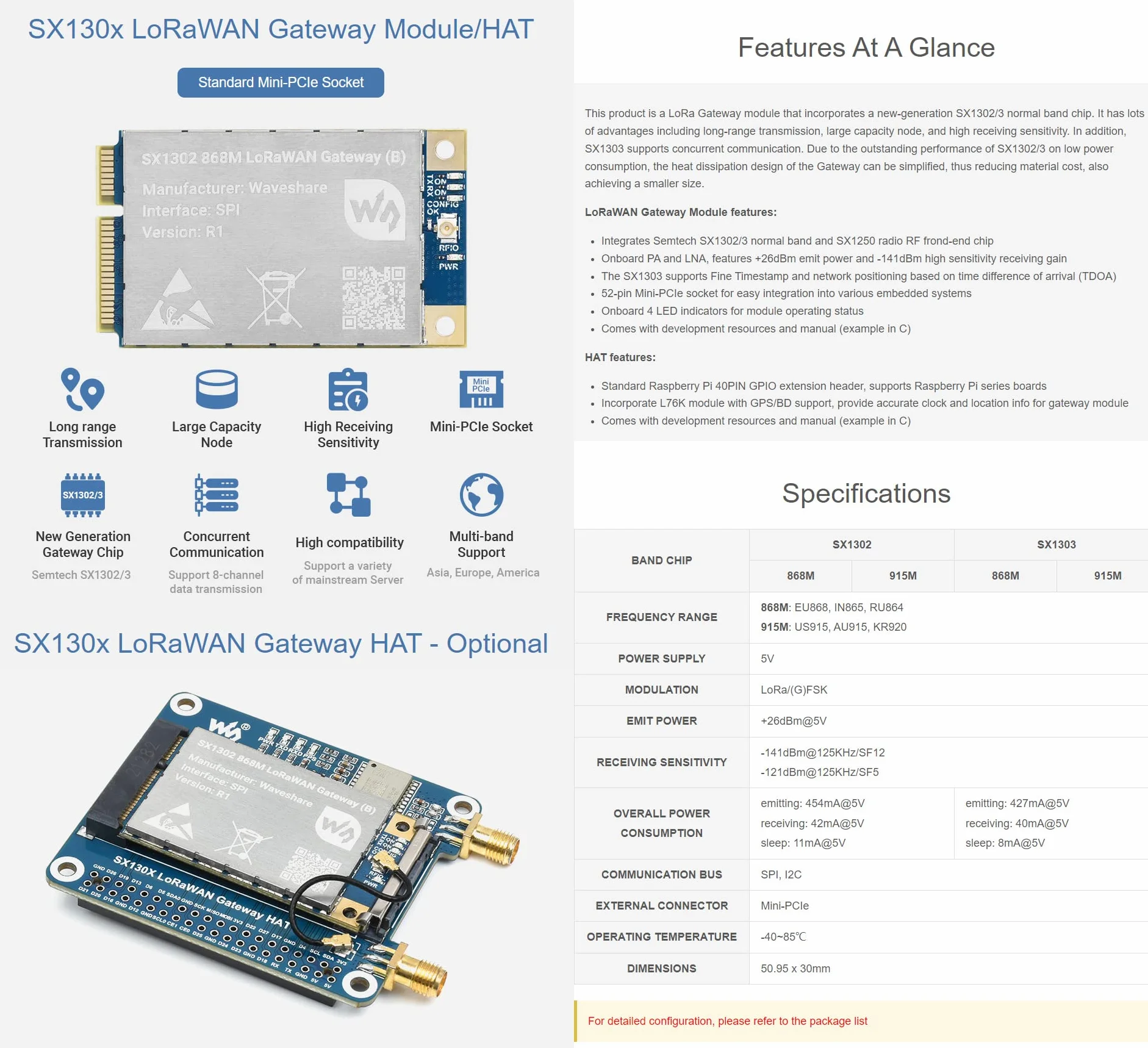 Waveshare SX1302 868M LoRaWAN Gateway Hat for Raspberry Pi L76K Module Mini-PCIe Socket Long Range Multi-Band