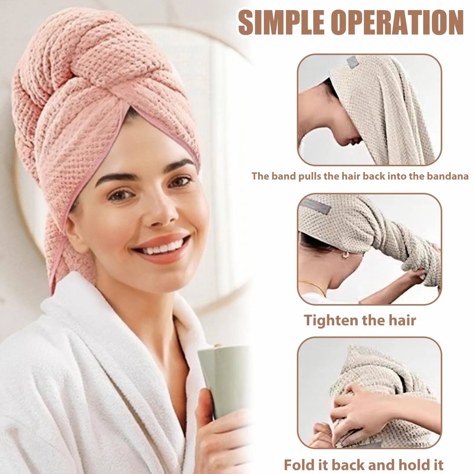 Toalla de Microfibra Turbante para el Cabello 100 x 60 cm, 2 Piezas, Secado Rápido, Superabsorbente