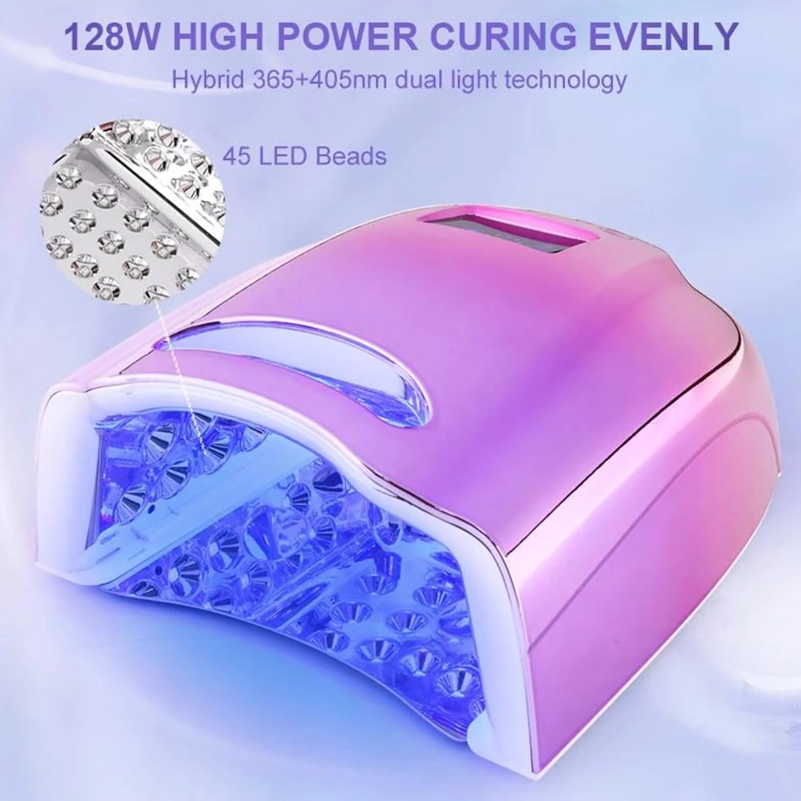 Lámpara de uñas curado de uñas de Gel Secado rápido con de uñas | 128 W, luz azul, sensor infrarrojo, portátil, temporizador, tecnología de doble fuente de luz de 365+405 nm, 45 LED