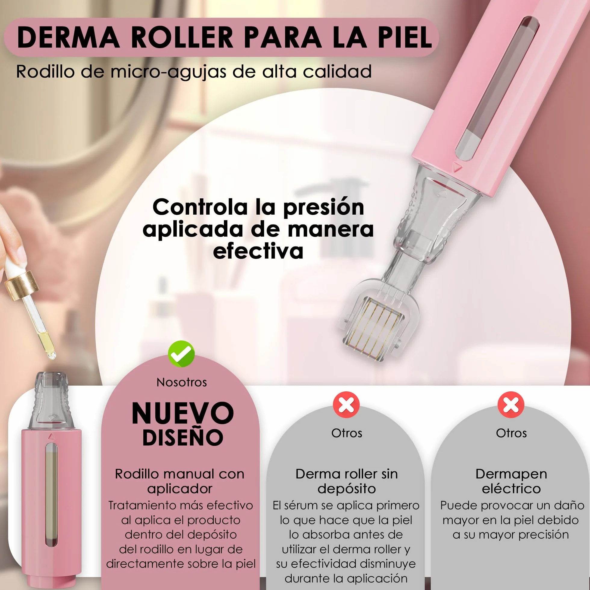 HAMINOS Derma Roller 0,25 mm con Depósito para Labios, Piel, Cabello, 105 Agujas de Titanio