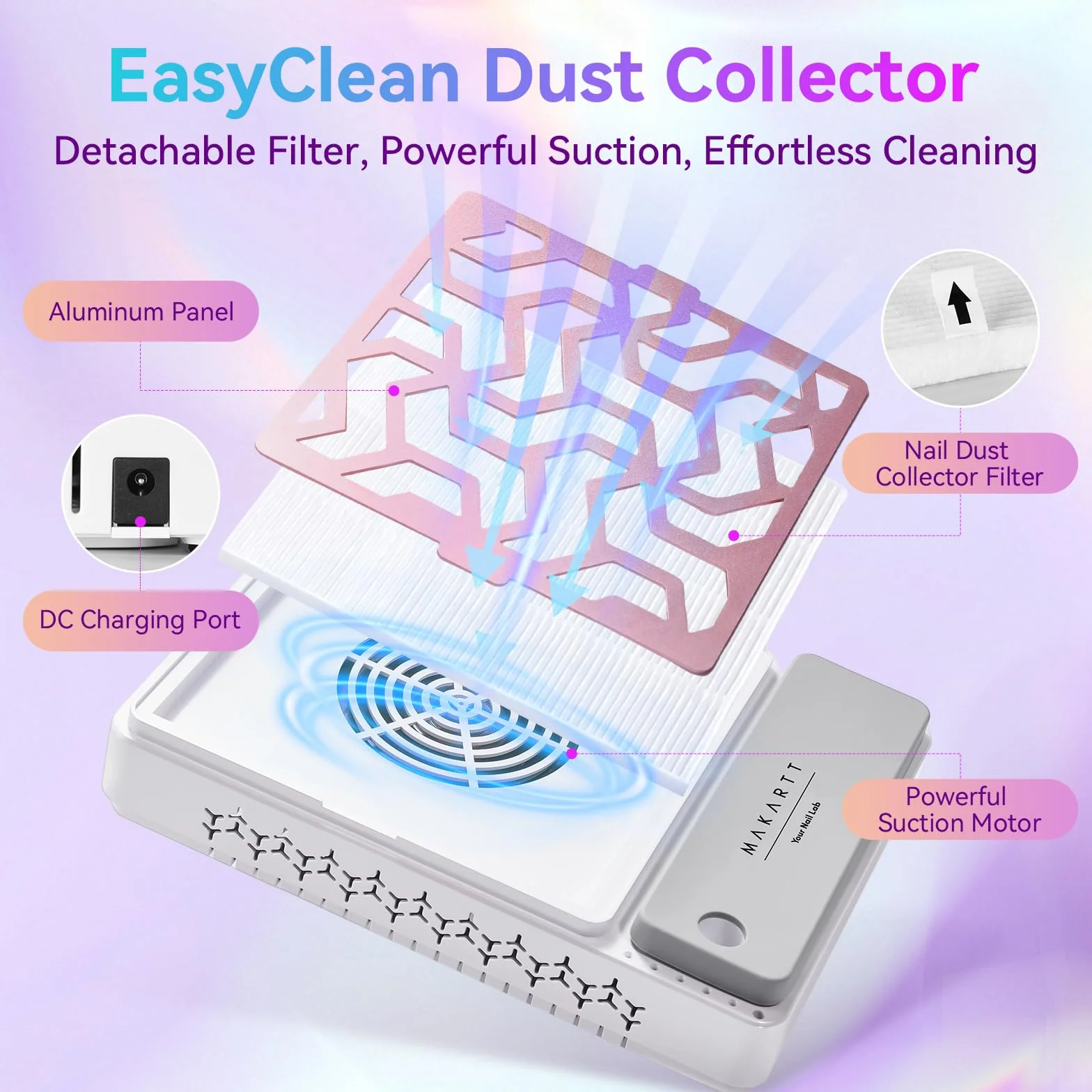 Makartt DUSTINA - Colector de polvo portátil recargable ultrafino con pantalla digital, reposamuñecas de silicona y filtro reutilizable para pulido de gel acrílico Nail Tech | DUSTINA - Reposamuñecas de silicona con pantalla digital y filtro reutilizable