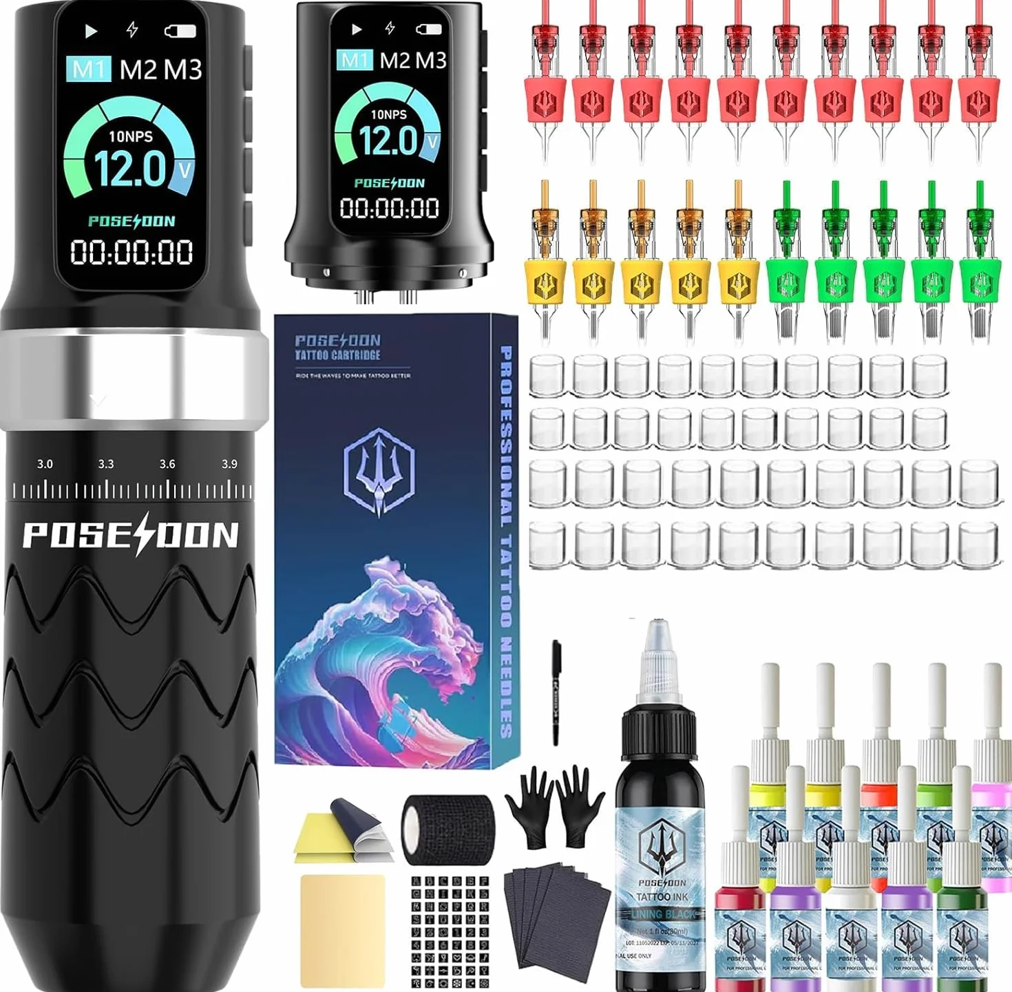 Kit de máquina de tatuaje inalámbrica POSEIDON con 7 ajustes de hub, dos baterías de 2300 mAh, modo normal/punteado y pantalla LED - Dispositivo de tatuaje inalámbrico profesional para principiantes