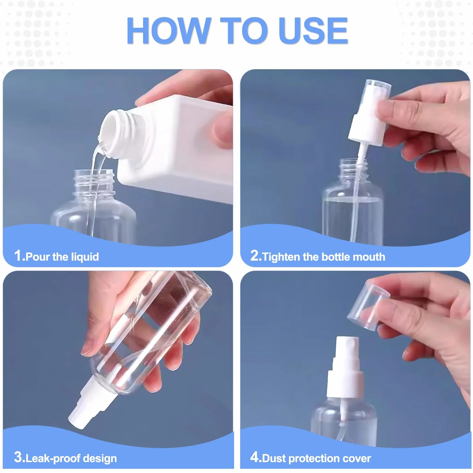 Bote Spray 50ml Plástico Vacío 4 Piezas para Aceites Esenciales, Limpieza, Perfume