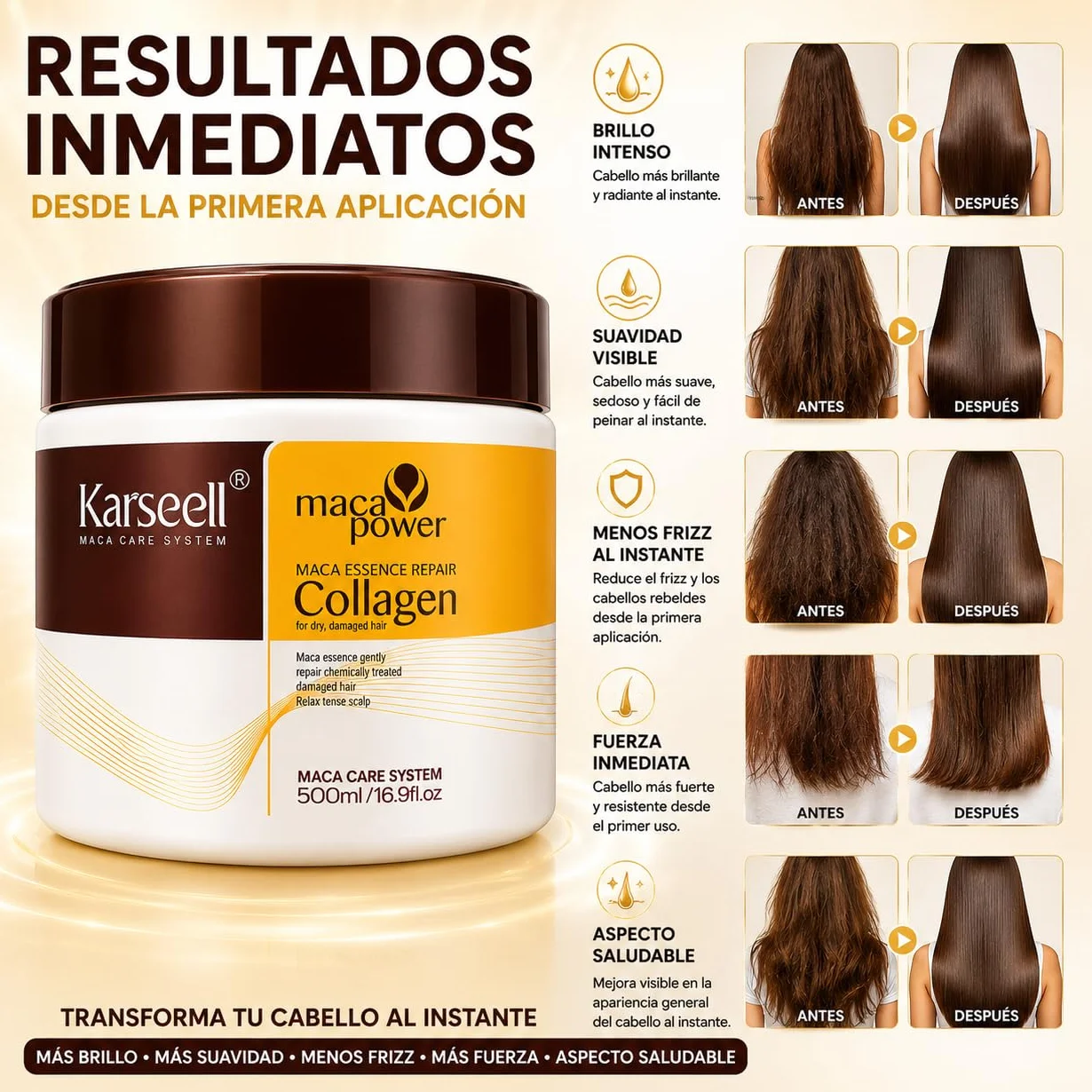 Karseell MACA CARE SYSTEM Mascarilla Capilar Profesional Colágeno Aceite Argán Coco Aguacate Keratina Karité Reparadora 500ml