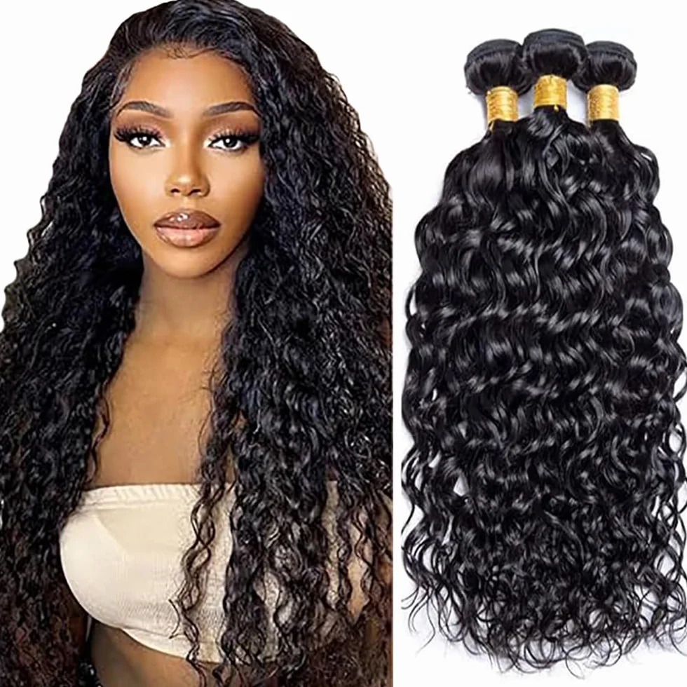 Extensiones de cabello humano ondulado de agua, extensiones de pelo humano sin procesar, Remy real, 3 extensiones de pelo humano #1B, color negro natural para mujer de 40,64 cm