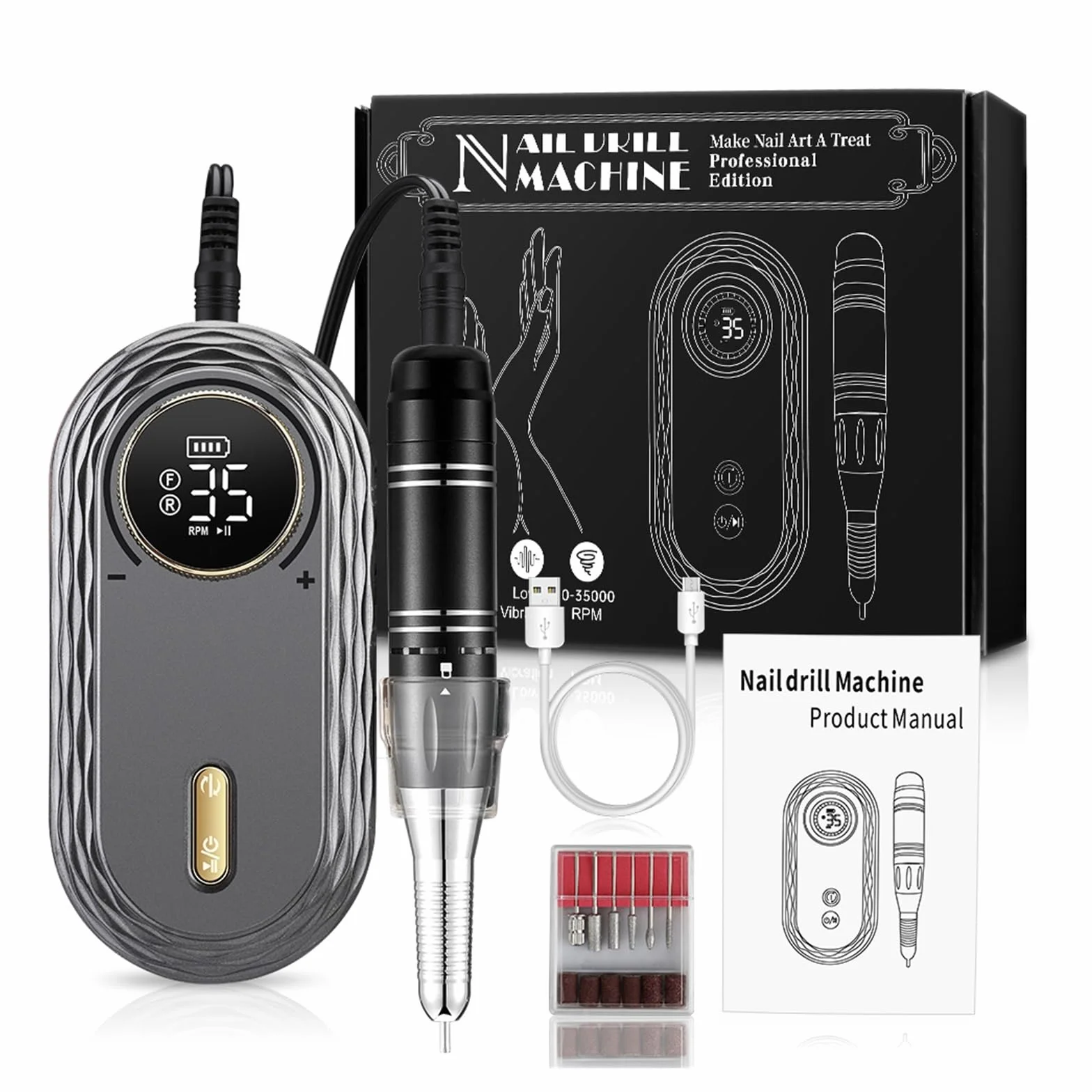 Torno para Uñas, Taladro de uñas de 35000RPM, pantalla LCD, portátil, recargable for herramientas de manicura y pedicura, equipo profesional for uñas(Nero)
