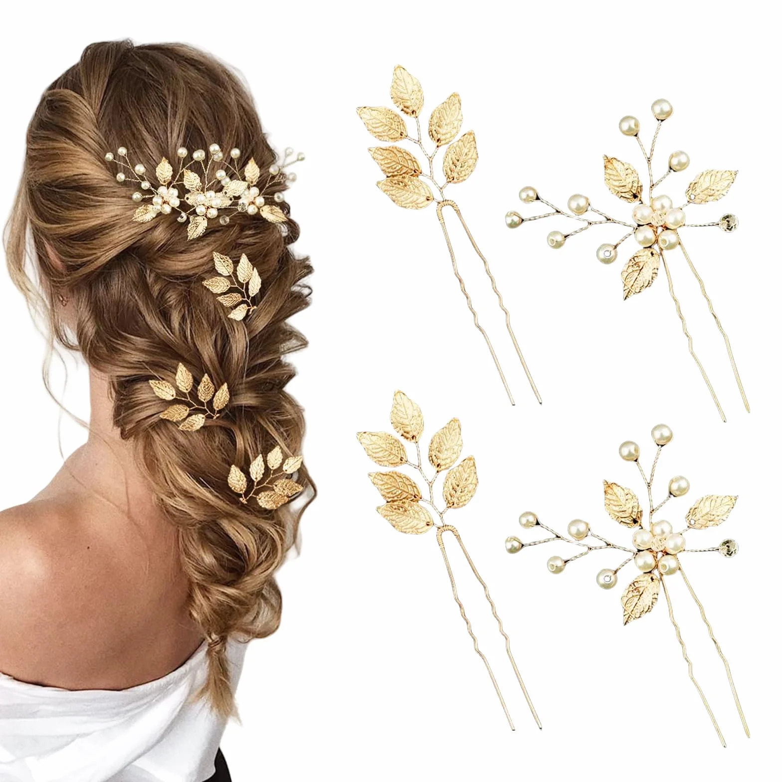 Pinzas para cabello de novia hojas doradas perlas de cristal vintage 4 piezas