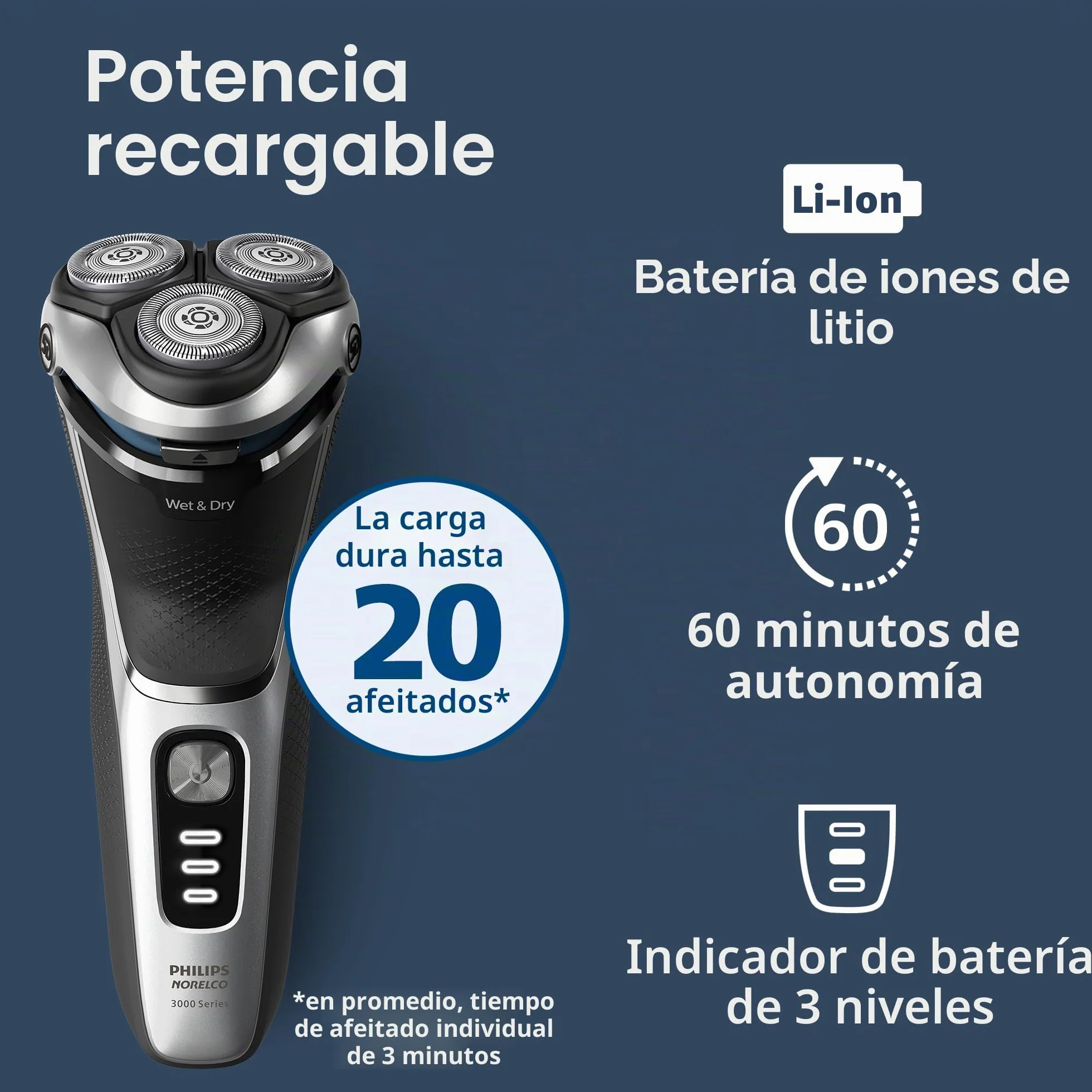 Philips Norelco Shaver 3900 Series, afeitadora eléctrica en húmedo/seco, tapa P, bolsa de viaje, soporte de carga, azul tormenta, modelo S3341/92