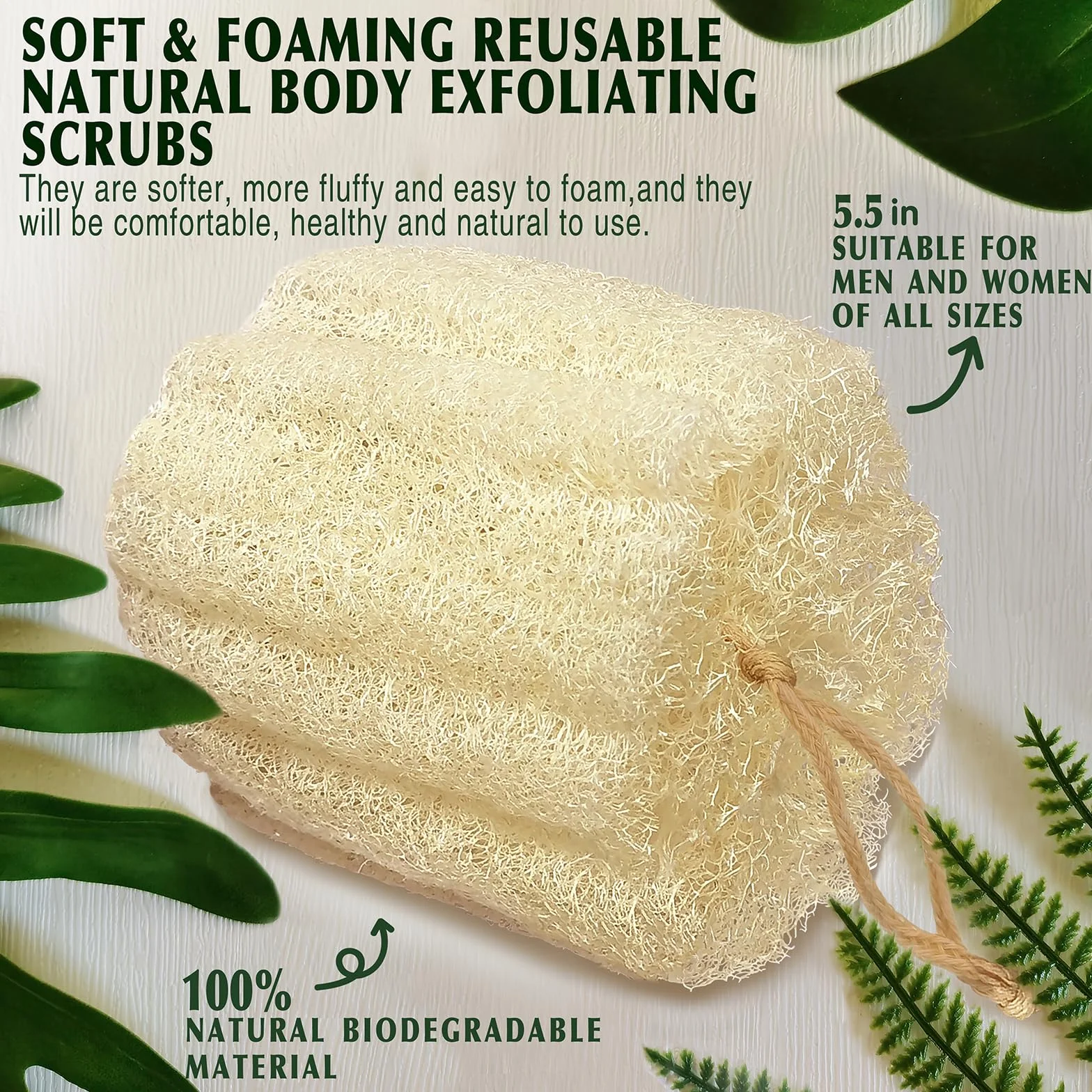 Esponja de lufa natural para baño, exfoliante corporal suave, 5.5 in, paquete de 2