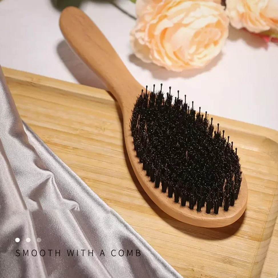 Cepillo de pelo de cerdas de jabalí, cerdas naturales suaves para cabello fino y fino, restaura el brillo y la textura