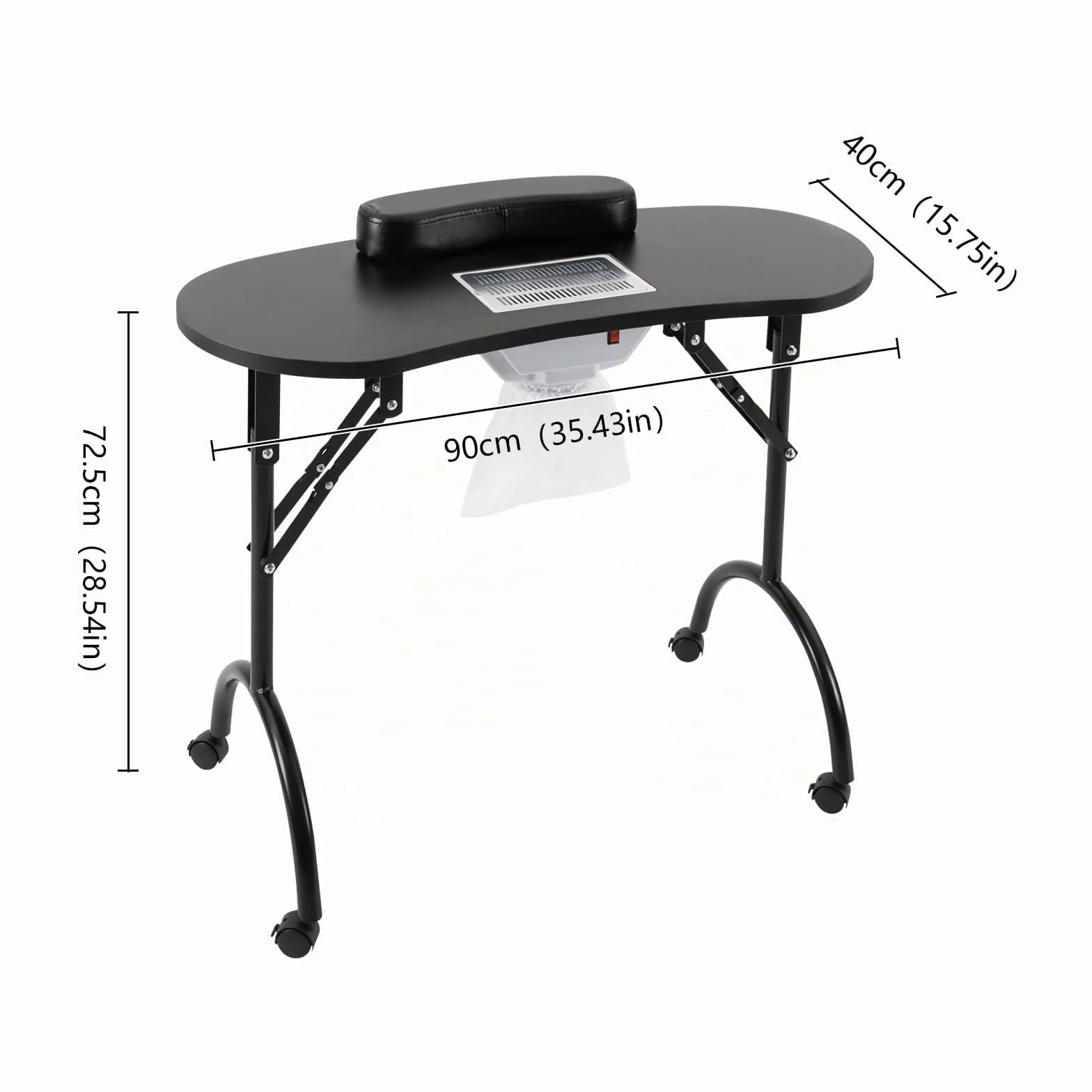 Mesa de manicura plegable con aspiración, mesa de manicura portátil con ruedas y cojín para la muñeca, mesa de manicura portátil para corte de cabello, cosmética y cuidado de uñas