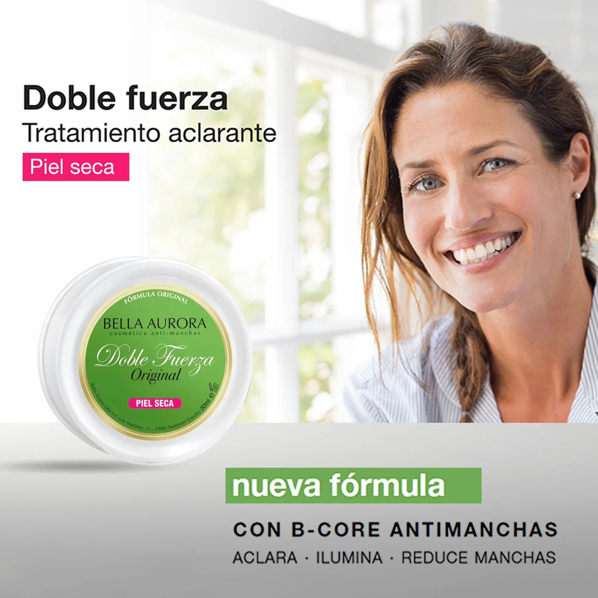 BELLA AURORA Crema Doble Fuerza para Piel Seca 30 ml Tratamiento Aclarante Antimanchas Hidratante con B-Core 221