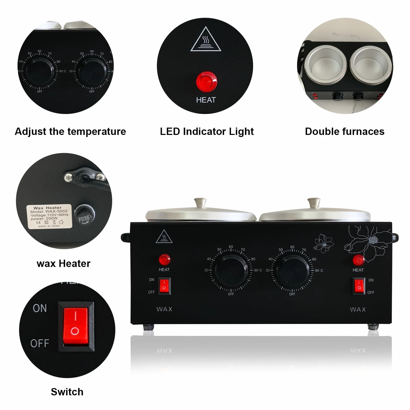 Calentador de cera negro con cuentas de cera derretida profesional para depilación, calentador de cera eléctrico rápido con juego de temperatura ajustable para mujeres (ollas dobles negras)