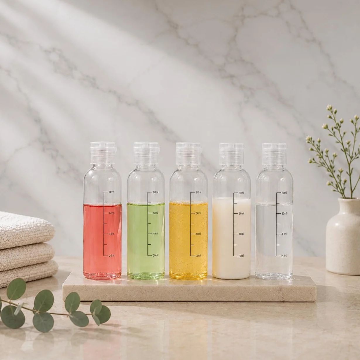 Botes Viaje Rellenables 100ml 5 PACK, Botellas de Viaje Avion Plastico, Botellas Transparentes para Gel Champú Loción